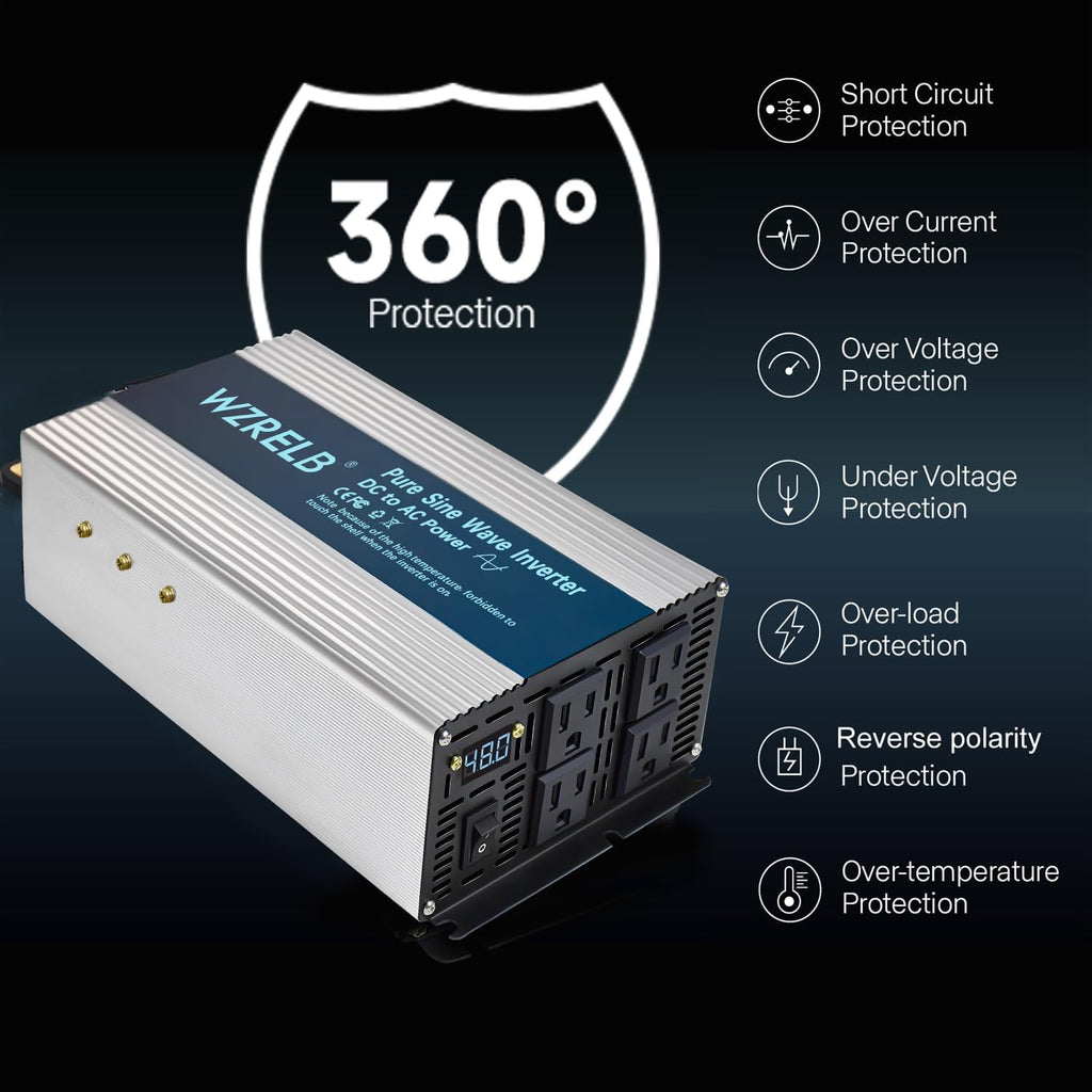 WZRELB 1800W Pure Sine Wave Inverter 48V DC to 110V 120V AC,Car Power Inverter with 4 AC Outlets, LED Display,Off-Grid Portable Power Converter for Home, RV, Truck, Camping