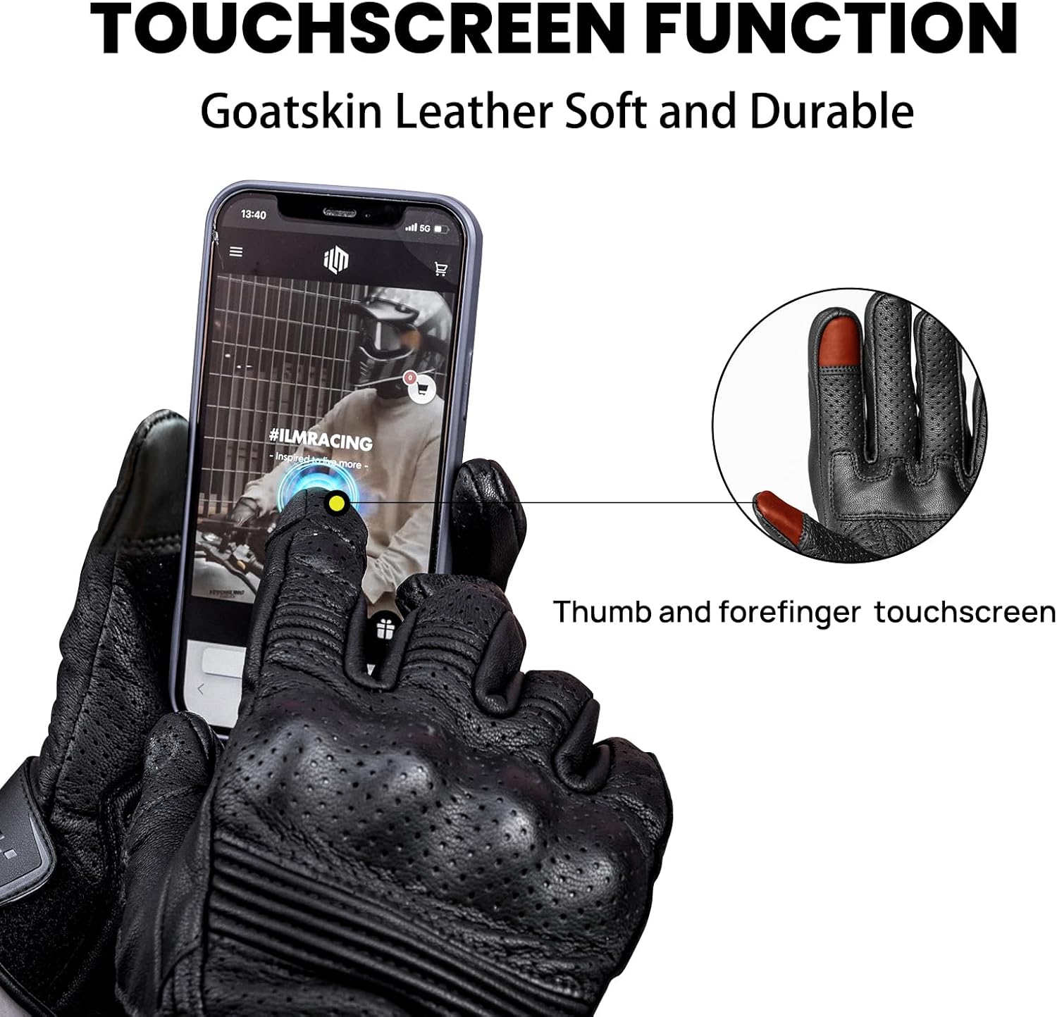 ILM Goatskin Leather Motorcycle Motorbike Powersports Racing Gloves Touchscreen for Men and Women Model DN01(XL, Black Unperforated)