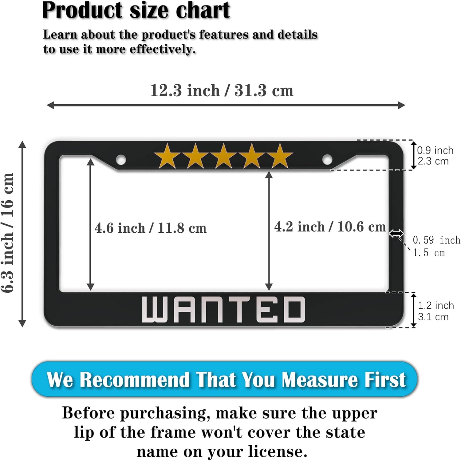 License Plate Protector Black, White, Yellow License Plate Frames Wanted Universal Aluminum Car Accessory 2 Pack with Screw Covers Set