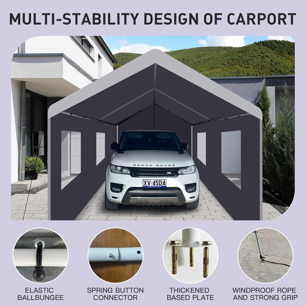 Car Canopy Portable Garage Duty Carport with Roll-up Windows,Portable Garage with Removable Sidewalls & Doors, Car Canopy with All-Season Tarp for Car Boat Truck Motorcycle 10FT×20FT (Grey)
