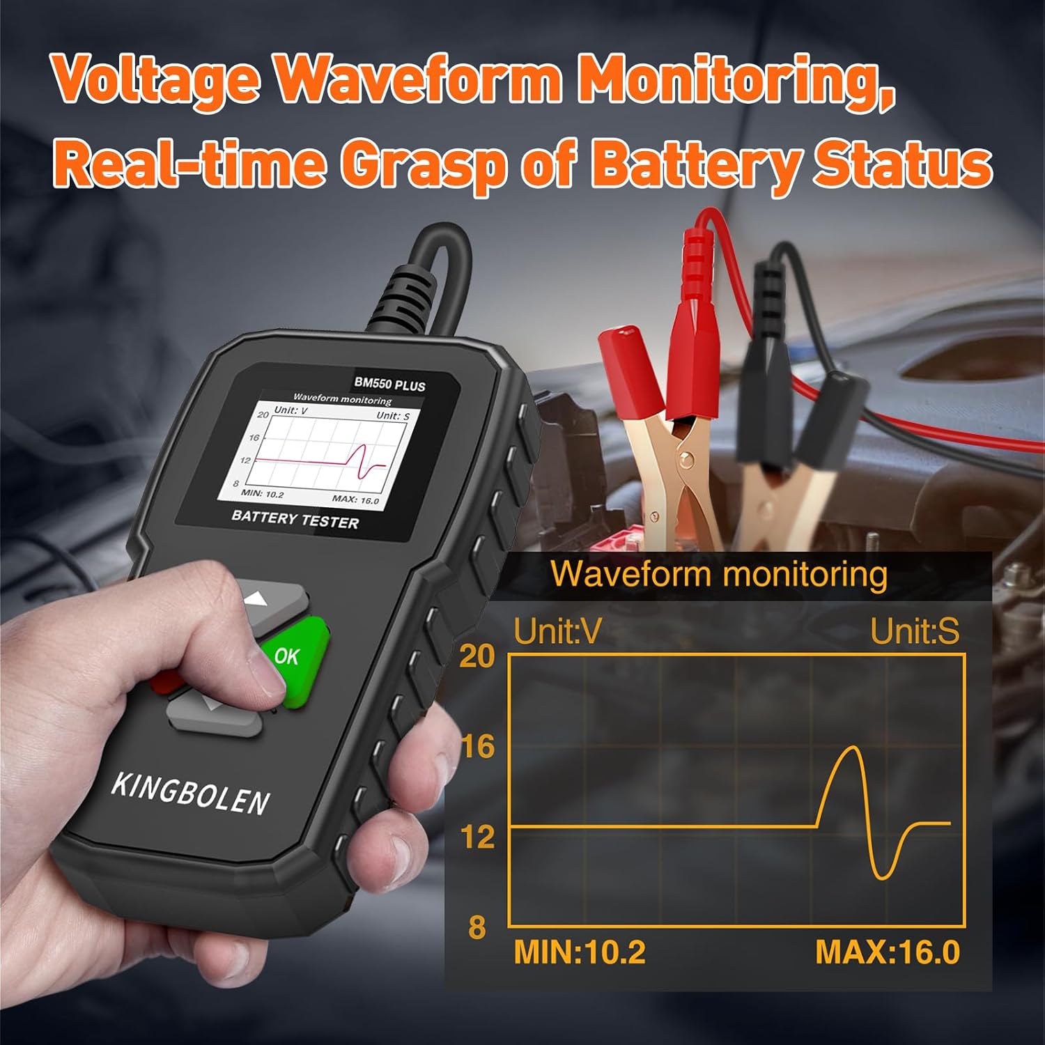 KINGBOLEN BM550 Plus 6V-24V 100-2000 CCA Car Battery Tester, Voltage Waveform Analyzer for Cars Trucks SUV Motorcycle
