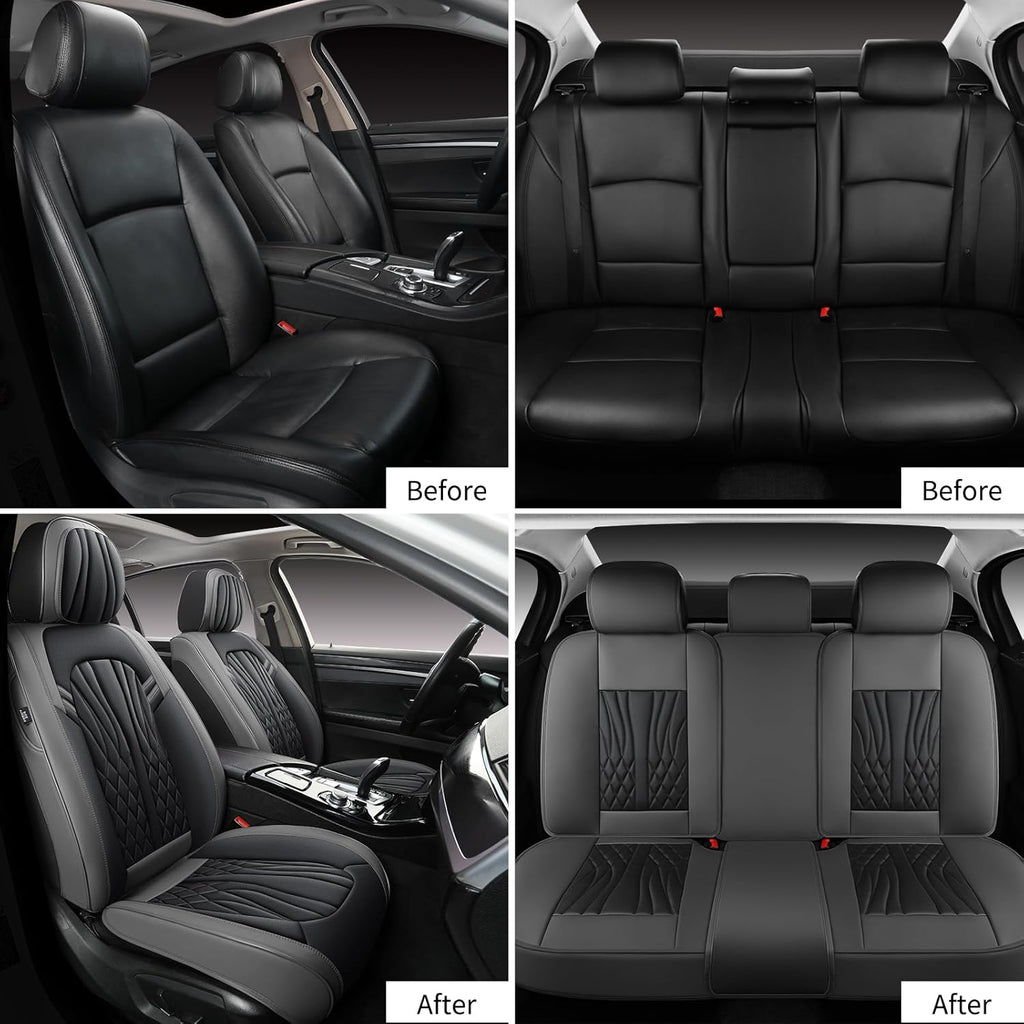 Leather Car Seat Covers,Car Seat Protector Waterproof,Seat Covers Full Set, Car Seat Protectors 5 Seats,Automotive Seat Covers Fit Most Cars Grey&Black