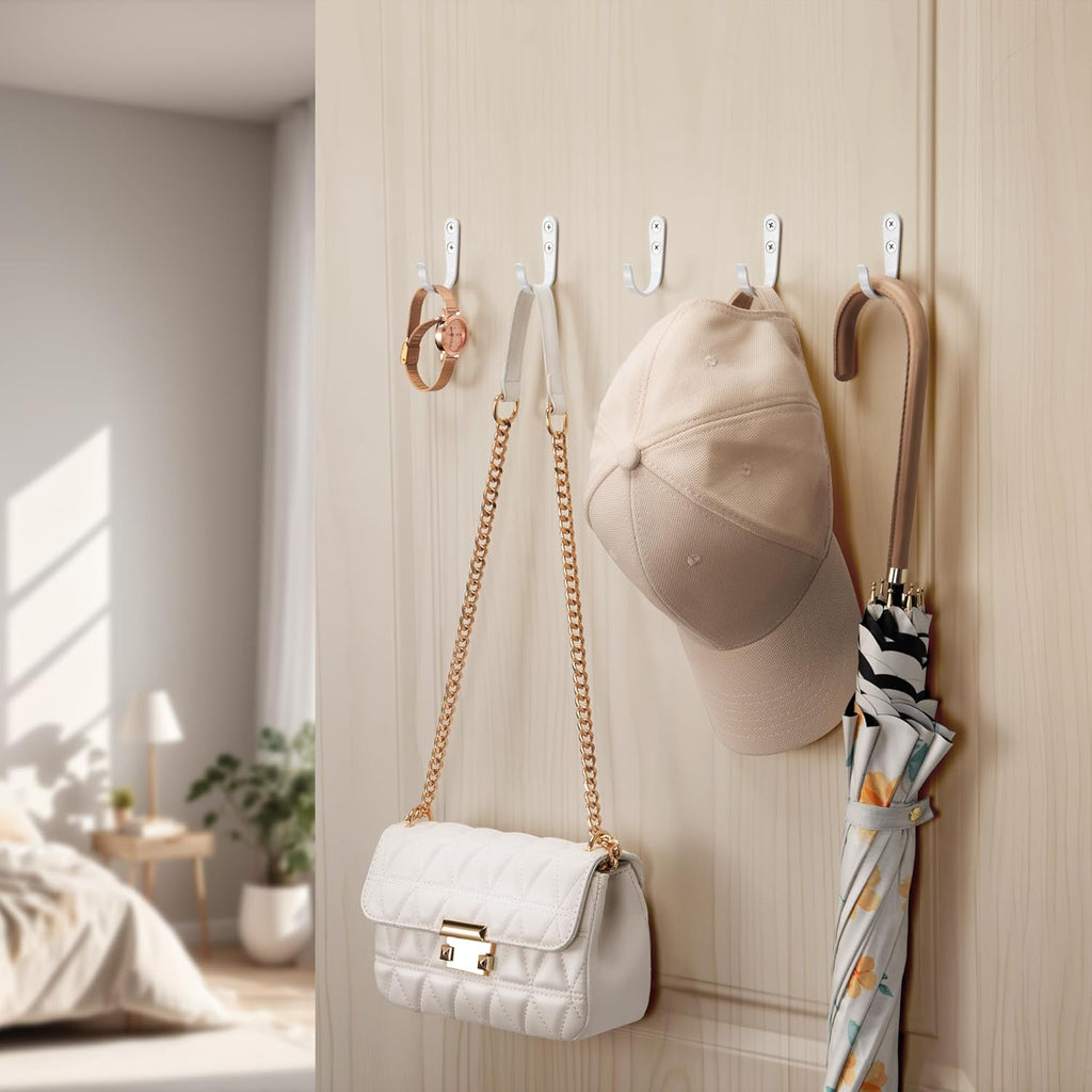 10Pcs Wall Hooks for Bathroom, Kitchen, Closet, and Garage - White Metal Hooks for Hanging Coats, Towels, Hats, Keys, Bags, and Coffee Cups - Holds Up to 40 lbs