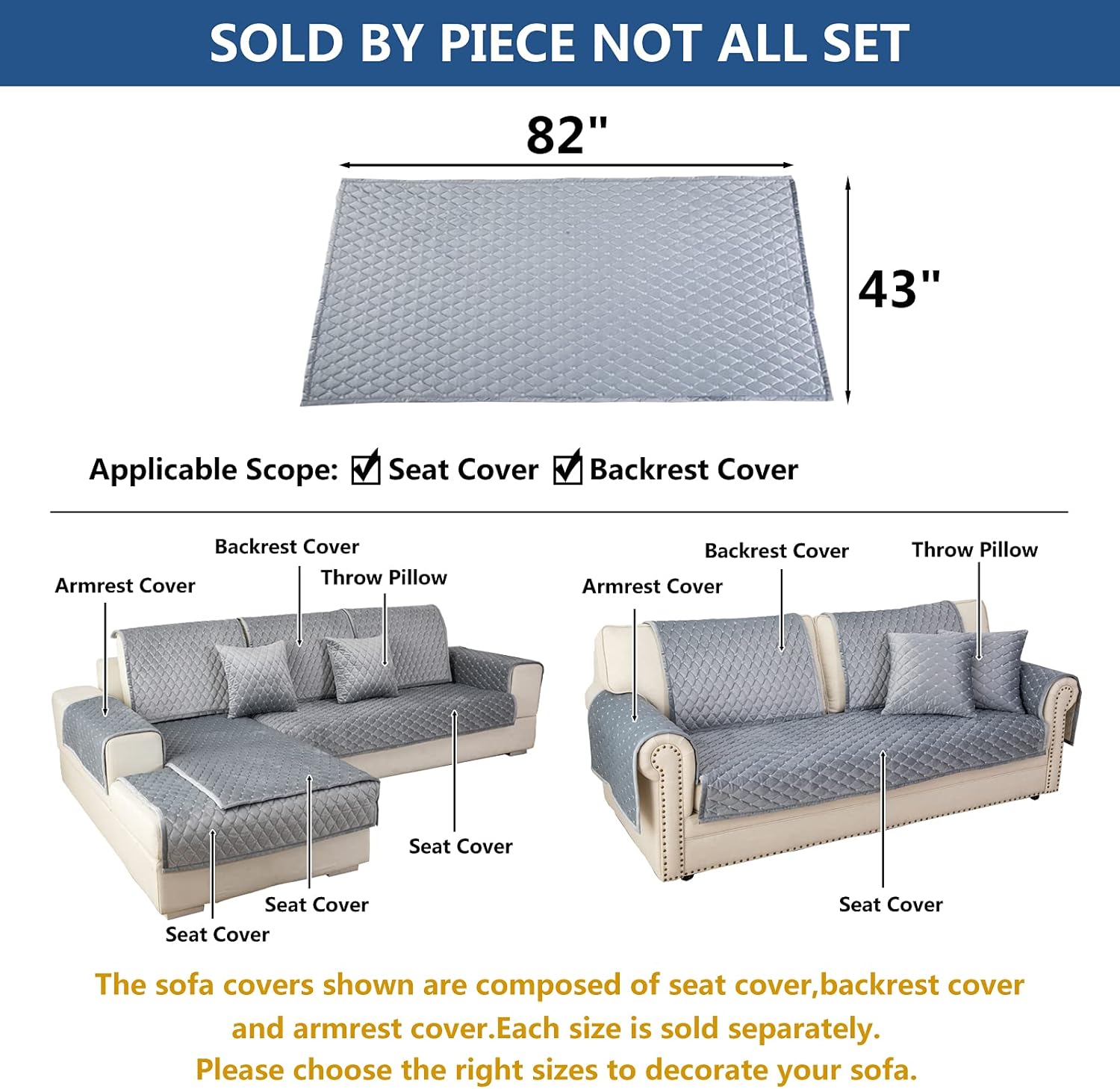 Eismodra Couch Cover,Sectional Couch Covers,Sofa Covers for 3 Cushion Couch,Anti-Slip Sofa Slipcovers for Dogs Cats Kids Loveseat Recliner L Shaped Armrest Backrest,Light Gray 43''x82''(Only 1 Piece)