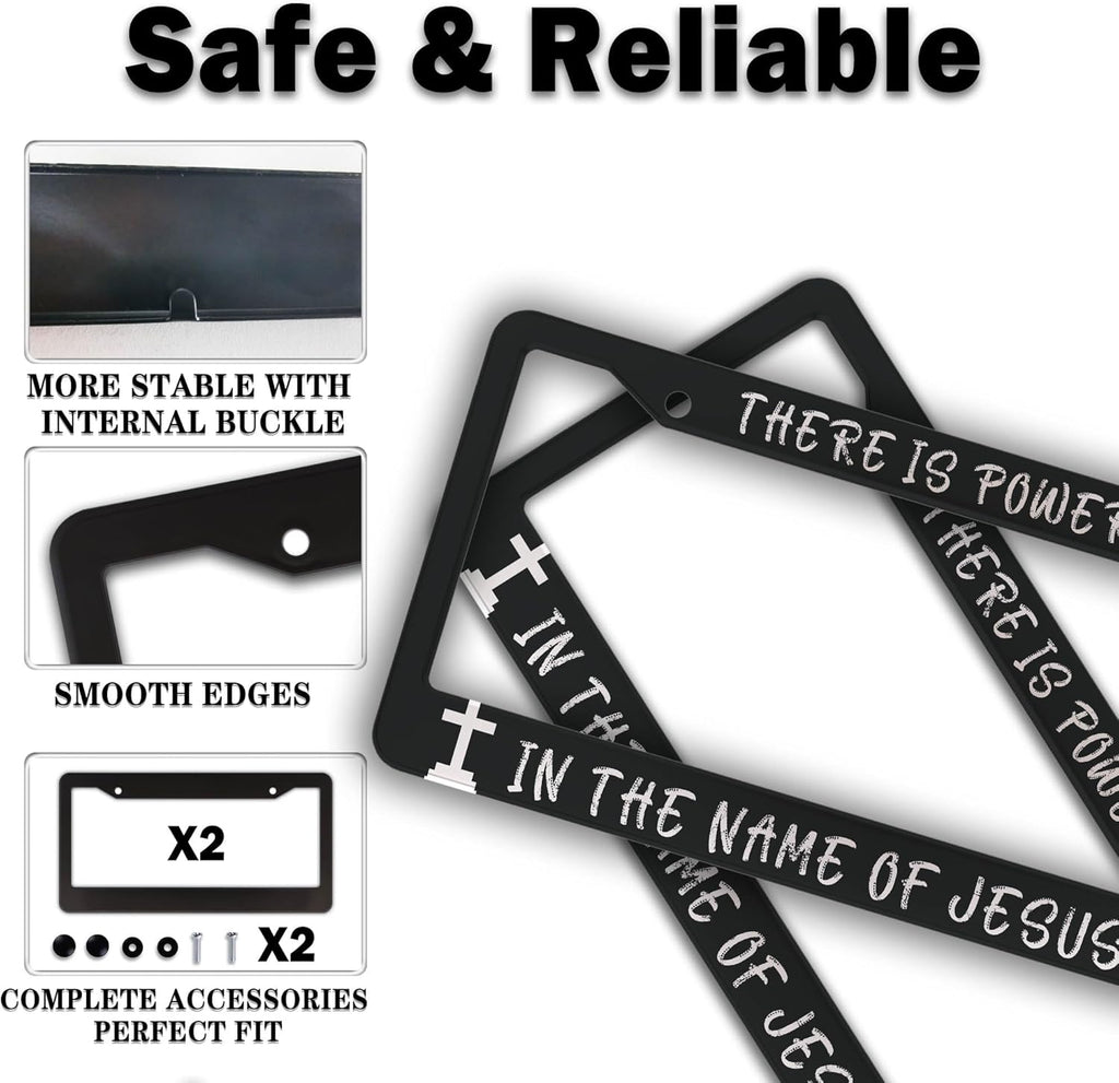 License Plate Frames Black and White License Plate Holder There is Power in The Name of Jesus Universal Aluminum Car Accessory 2 Pack with Screw Covers Set