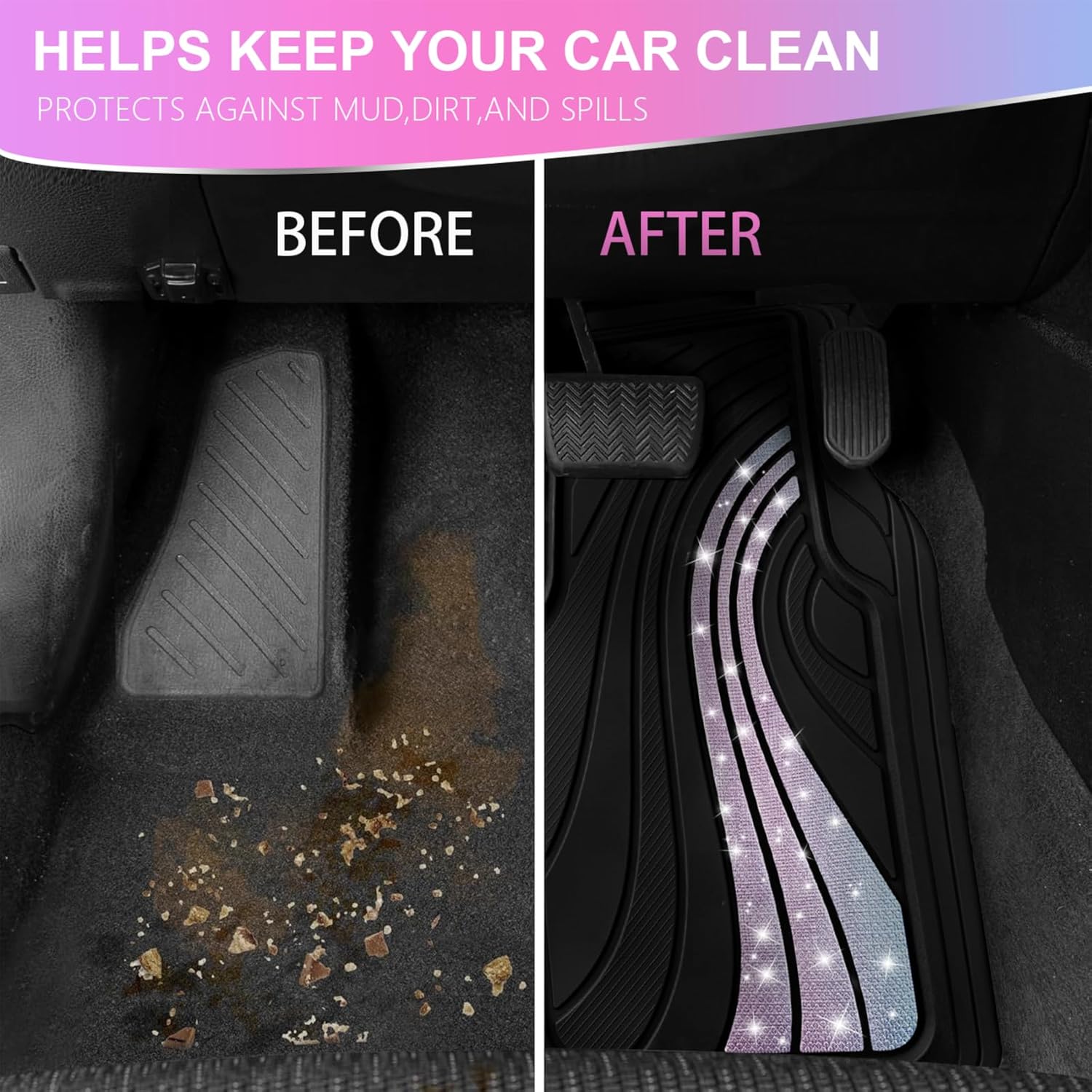 Road Comforts Car Floor Mats Full Set – Front & Rear Car Floor Mats with Aluminum Design, Anti-Slip Backing, All-Weather Protection, Trim-to-Fit Car Mats for Most Sedans, SUVs & Vans - Glitter