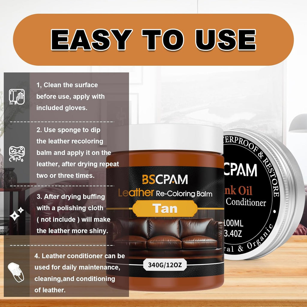 12oz Leather Recoloring Balm & 3.4oz Mink Oil Leather Conditioner kit,Tan Leather Color Repair Kits for Couches, Leather Couch Paint Scratch Repair for Furniture Car Sofa Shoes Leather Dye