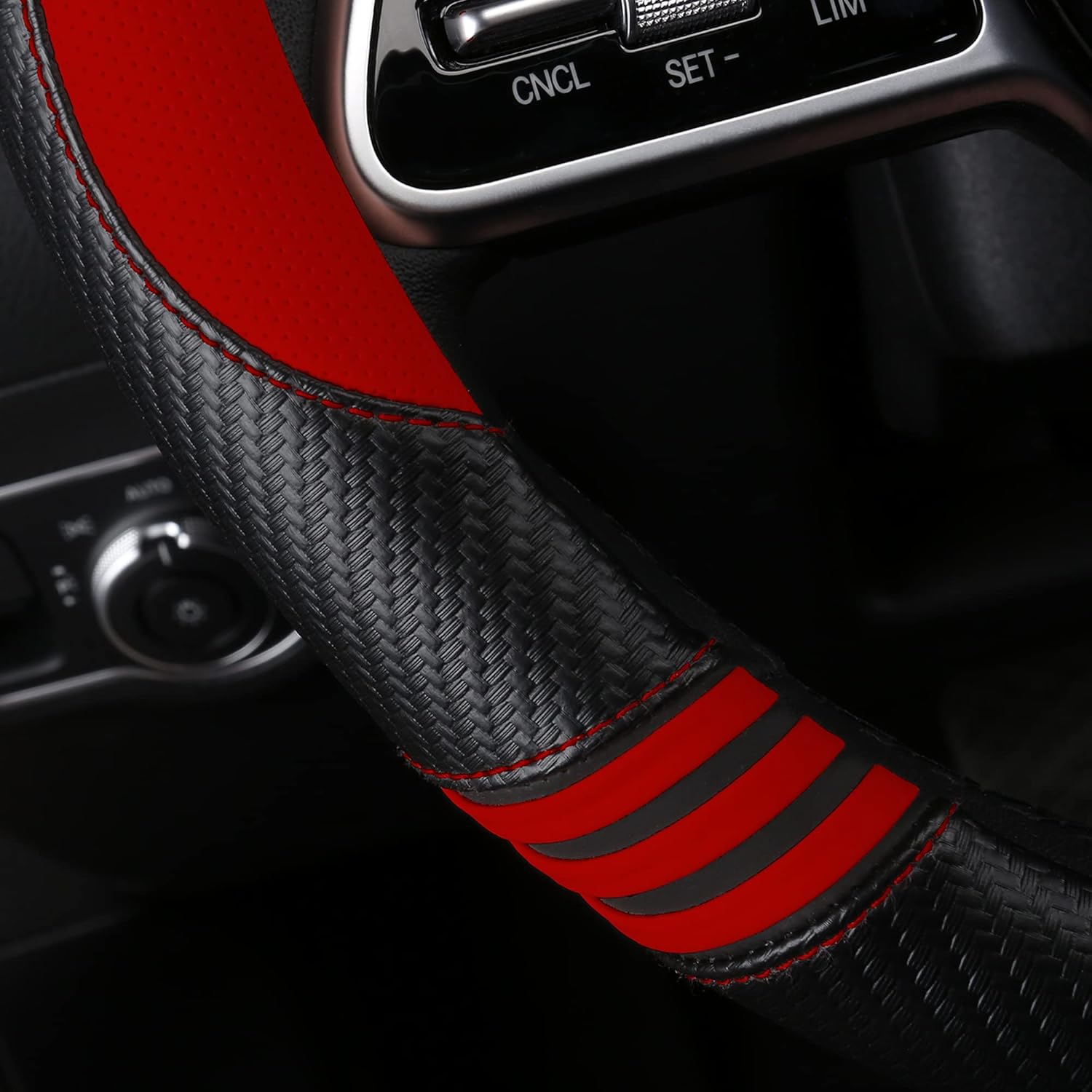 Car Steering Wheel Covers for Women Padded Carbon Fiber PU Leather Cute Auto Interior Accessories for Vehicle, Sedan, Universal, Anti Slip, Red, Standard Size 14.5-15"(37-38cm)