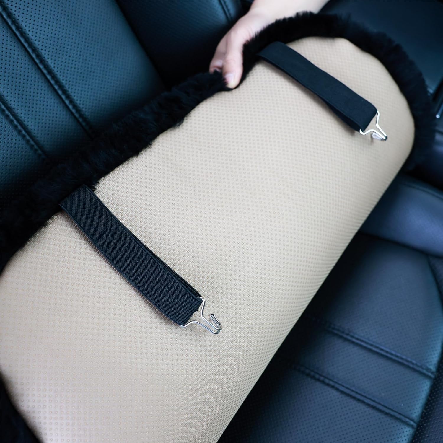 20 inchs Fluffy Genuine Australia Sheepskin Car Seat Cover for Auto Interior Accessories with Soft Fuzzy Wool Natural Fur Non-Slip (Black, Front)