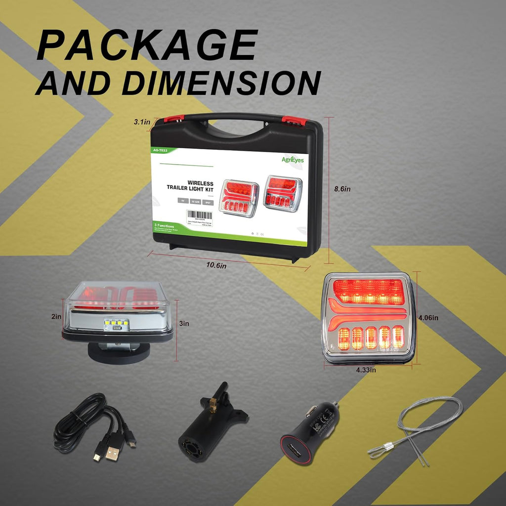 Agrieyes Wireless Trailer Lights, Magnetic LED Trailer Light Rechargeable, Portable Tow Lights Kit for Trucks, Wrenker, Boat, RV, Caravan, DOT Compliant