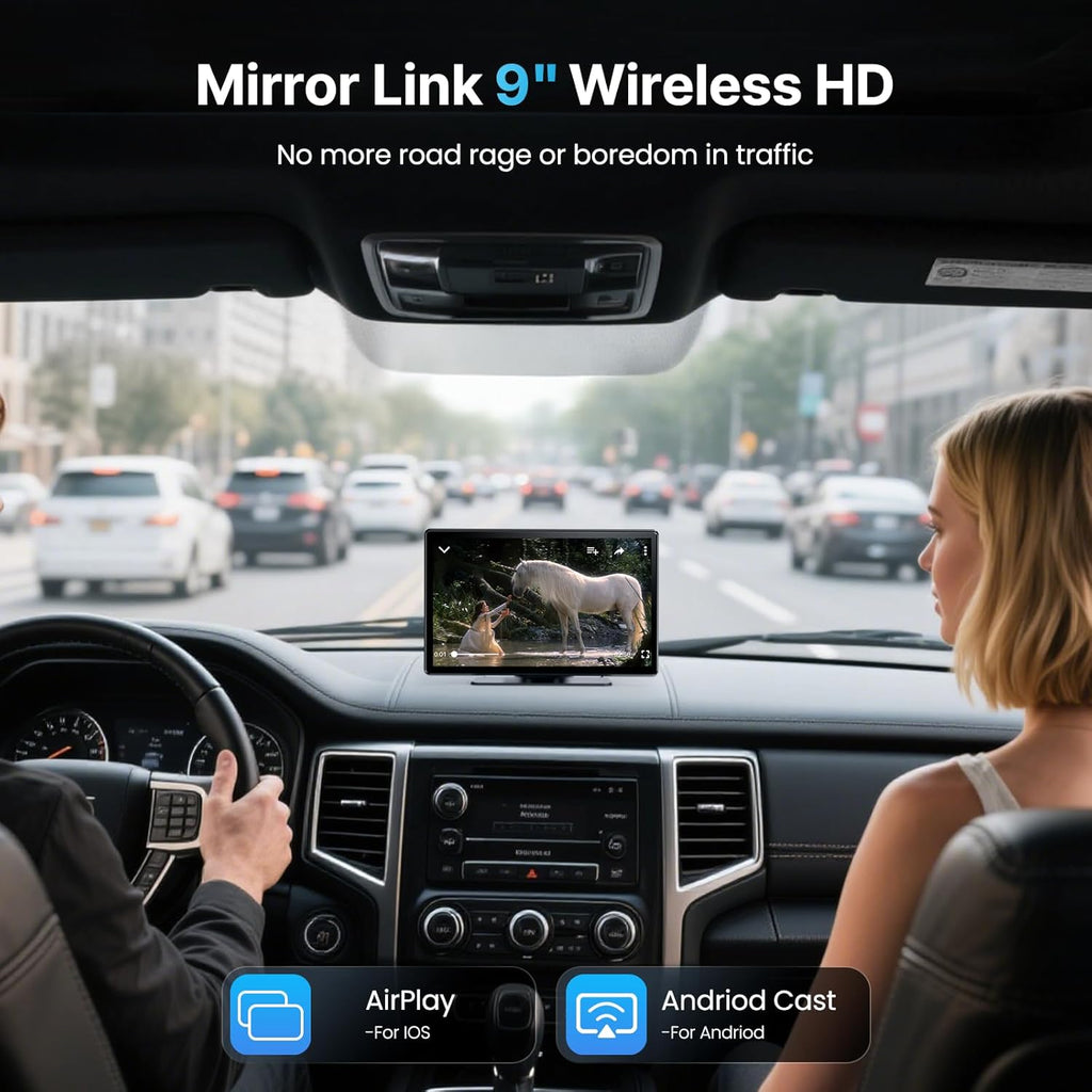 9''HD Wireless Carplay Screen For Car 4K Dash Cam&1080P Backup Camera With Apple Carplay&Android Auto Voice Control GPS DVR Call Music Message Mirror Link Airplay/Android Cast Fit Pickup Truck SUV MPV