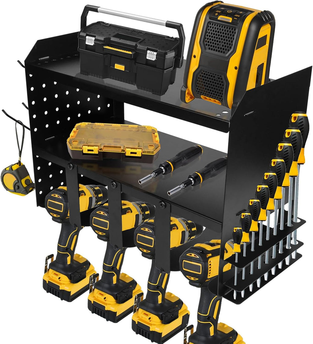 Heavy-Duty Power Tool Organizer Wall Mount, 3-Tier Drill Storage Rack with Dual Side Pegboards and 4 Hooks, Perfect for Garage, Workshop, Tool Room - Ideal Gift for Men, Black