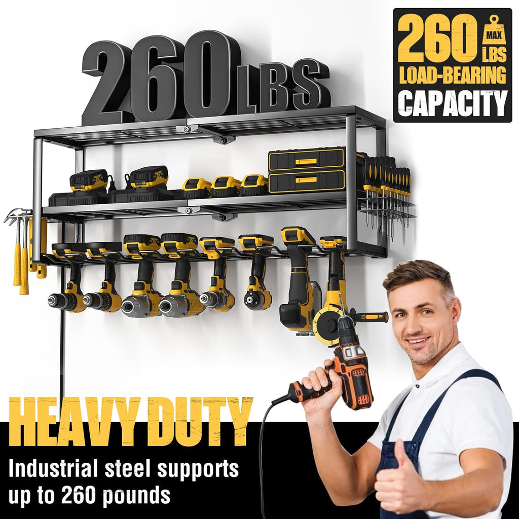 YYR Heavy Duty Power Tool Organizer with Charging Station, Cordless Drill Hanger Storage Rack, Battery Tools Holder Wall Mount Shelf for Garage - 32 Inch Equipped with Surge Protection Power Strip