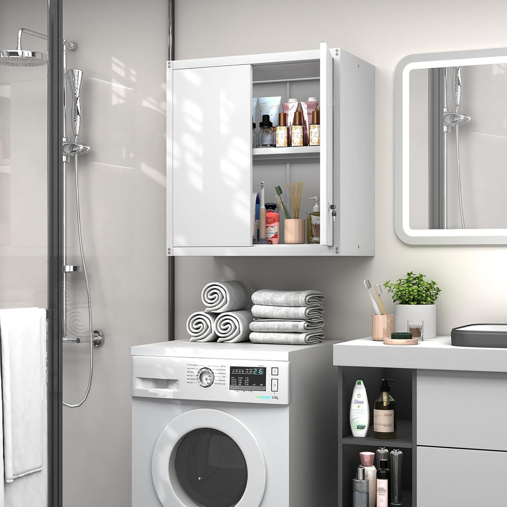 GREATMEET Metal Wall Cabinet, Wall Mounted Storage Cabinet with Lock for Garage Storage, White Floating Cabinet with Doors and Adjustable Shelf for Utility Room
