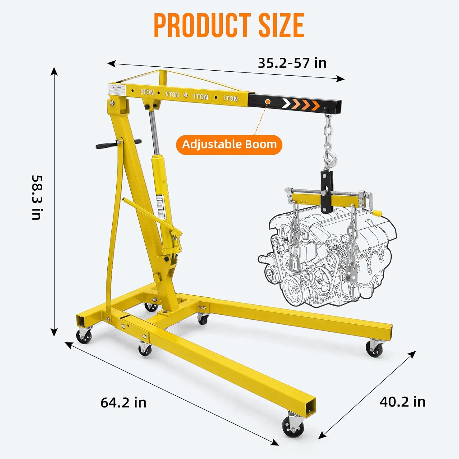 Engine Hoist with Lever, 2 Ton 4000 Lbs Heavy Duty Folding Cherry Picker Engine Lift Hydraulic Tilting Engine Shop Crane with 6 Iron Caster Wheels Telescopic Boom Hitch,Yellow