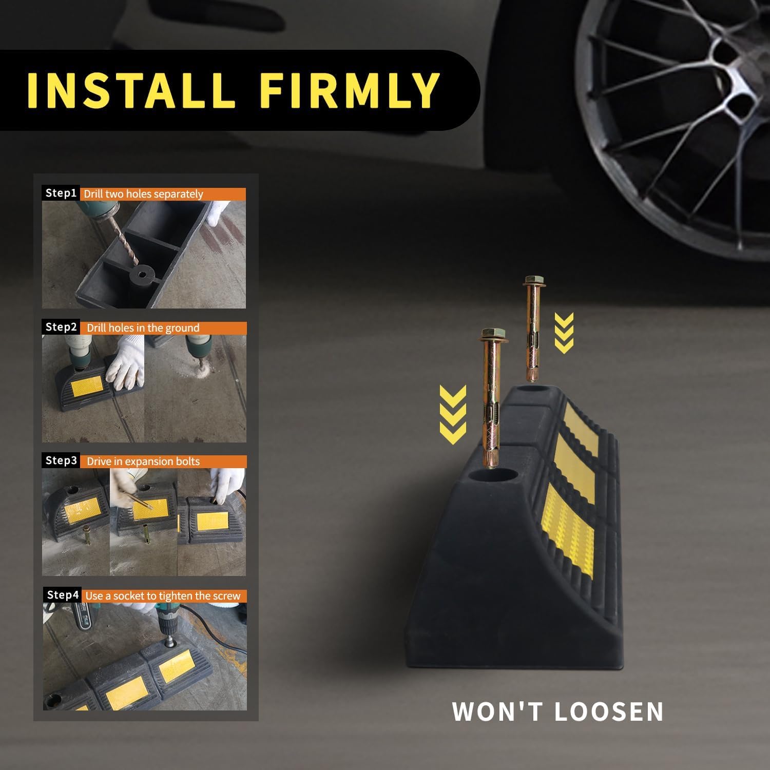 Parking Stopper for Garage Parking Aid 4 Pack Block, Car Truck Curb Floor Parking Lot Wheel Tire Stops Bumpers with Bolt Installation, Rubber Vehicles Aid Gadgets