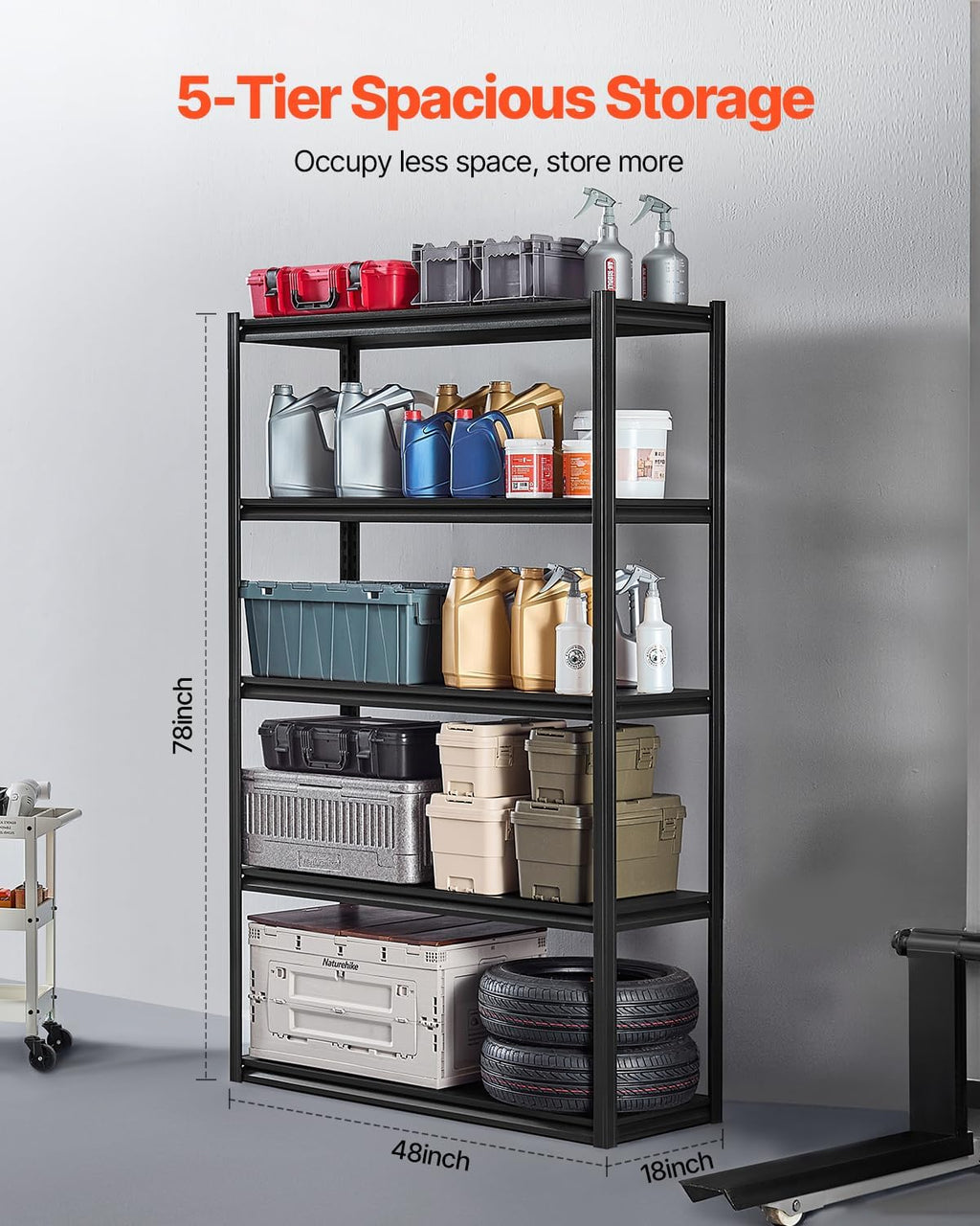 VEVOR Storage Shelves, 3000 lbs, 5 Tier Garage Storage Shelving, 18" D x 48" W x 78" H Adjustable Metal Shelves for Garage Shelves Utility Rack Shelf, Ideal for Kitchen, Warehouse, Basement, Black