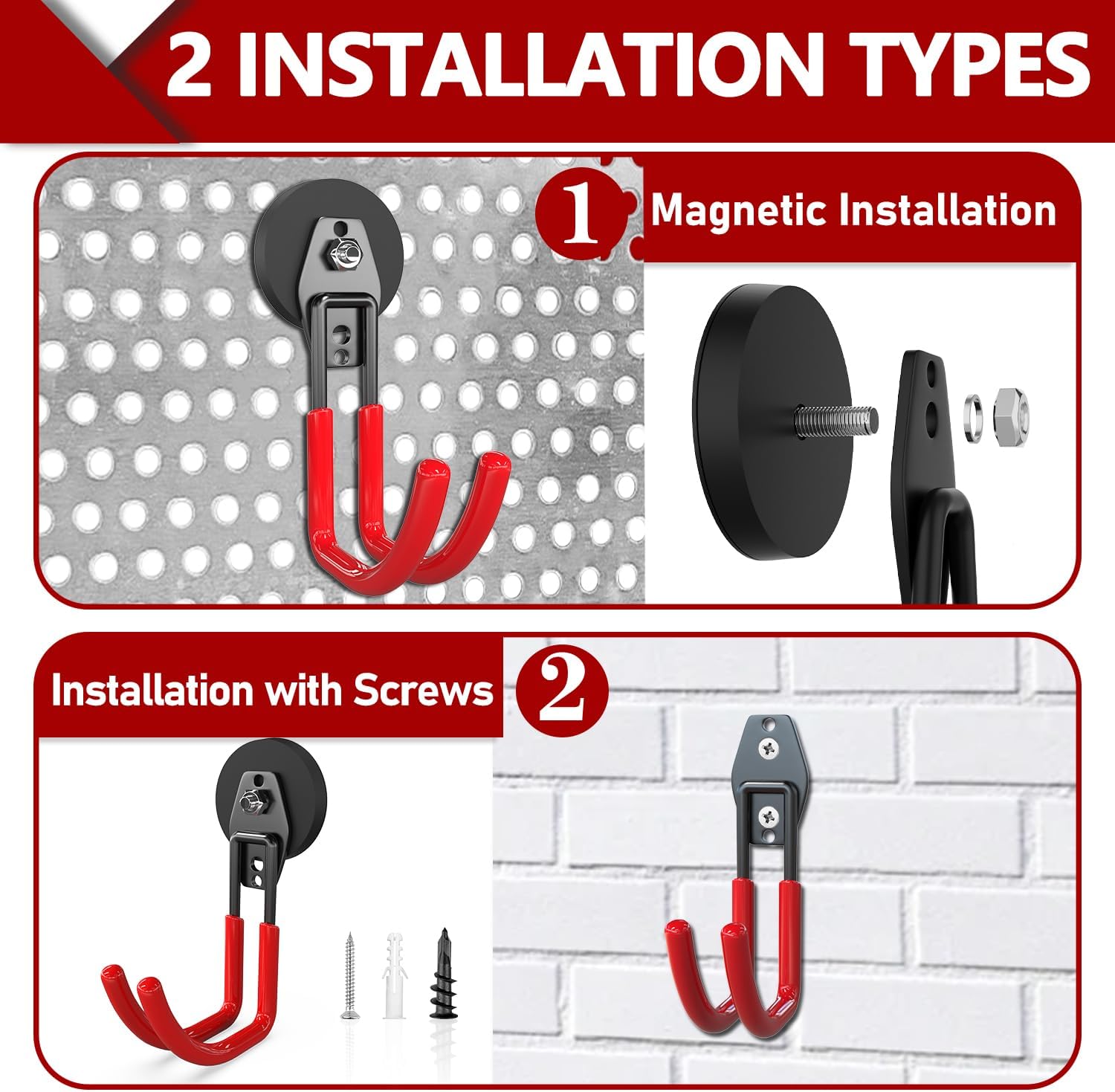 3-H Heavy Duty Magnet Garage Hooks 4 Pack, J Shape Strong Magnetic Hooks for Hanging Cordless Power Drill, Utility Magnetic Tool Holder for Metal Cabinet, Steel Pegboard, Toolbox, Garage(Red)