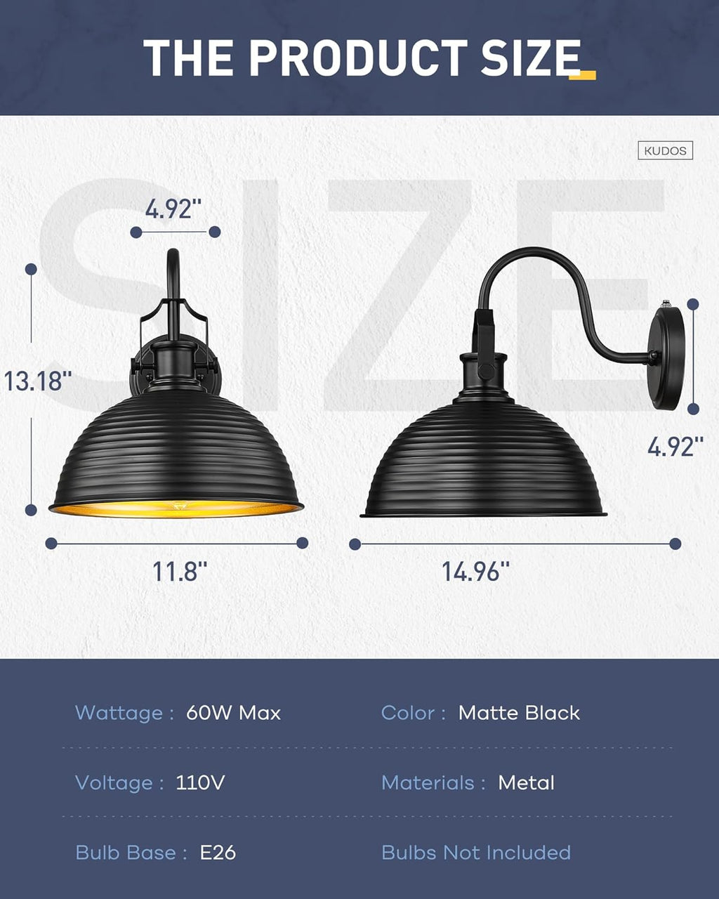 kudos Dusk to Dawn Sensor Outdoor Light Sconces Wall Mount, 12" Large Waterproof Farmhouse Porch Light, Exterior Garage Light Fixtures, 1 Pack, KDOWL04-BK-S-LC