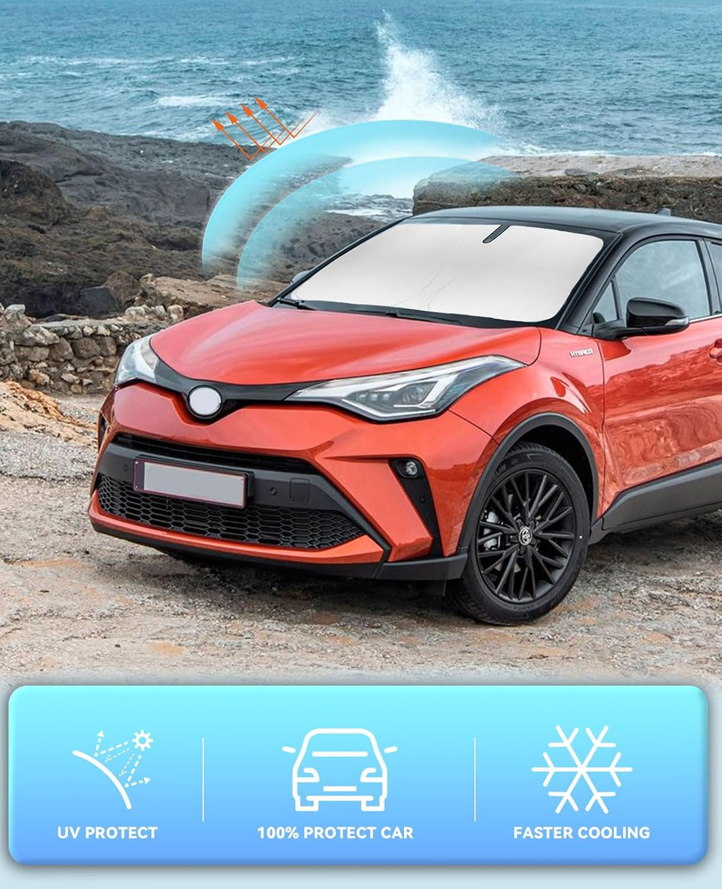 Sun Shade for C-HR CHR Windshield Sunshades Cover Front Window Shields Custom Fit for 2018-2022 2023 2024 2025 Toyota C-HR Accessories 240T Reflective Sun Visor Protector Blocks UV Rays & Heat Damage