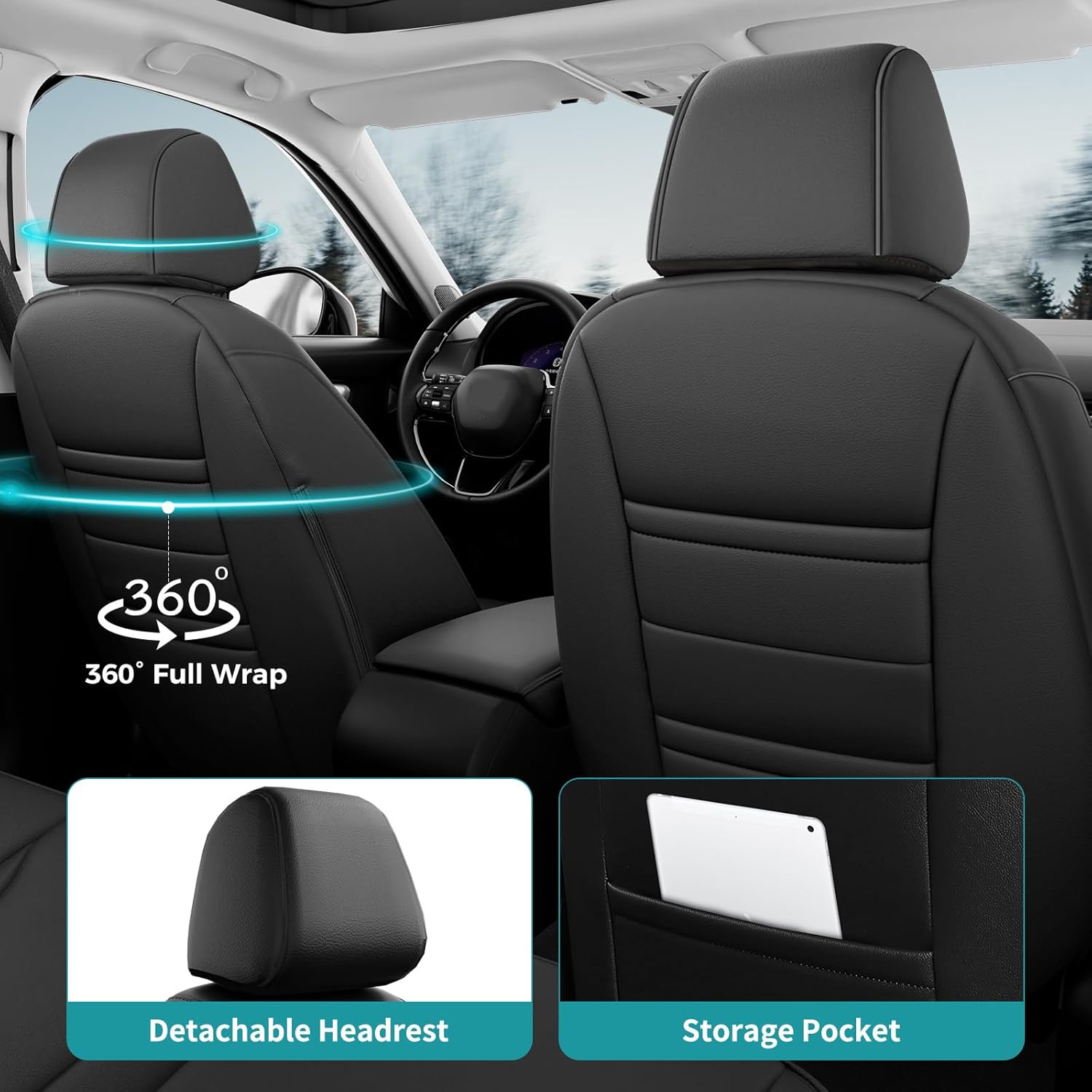Seat Covers for Honda Civic Sedan 4DR Sedan LX 2022 2023 2024 2025.Faux Leather Car Seats Cover Full Set,(Rear Row Solid Folding Backrest)-Black