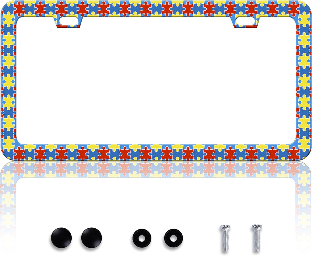 Autism Awareness License Plate Frame Puzzle License Plate Frames Personalise Stainless Steel Funny Design Compatible with Standard License Plate Holder for USA Canada 6 X 12 Inch 2 Holes with Screws