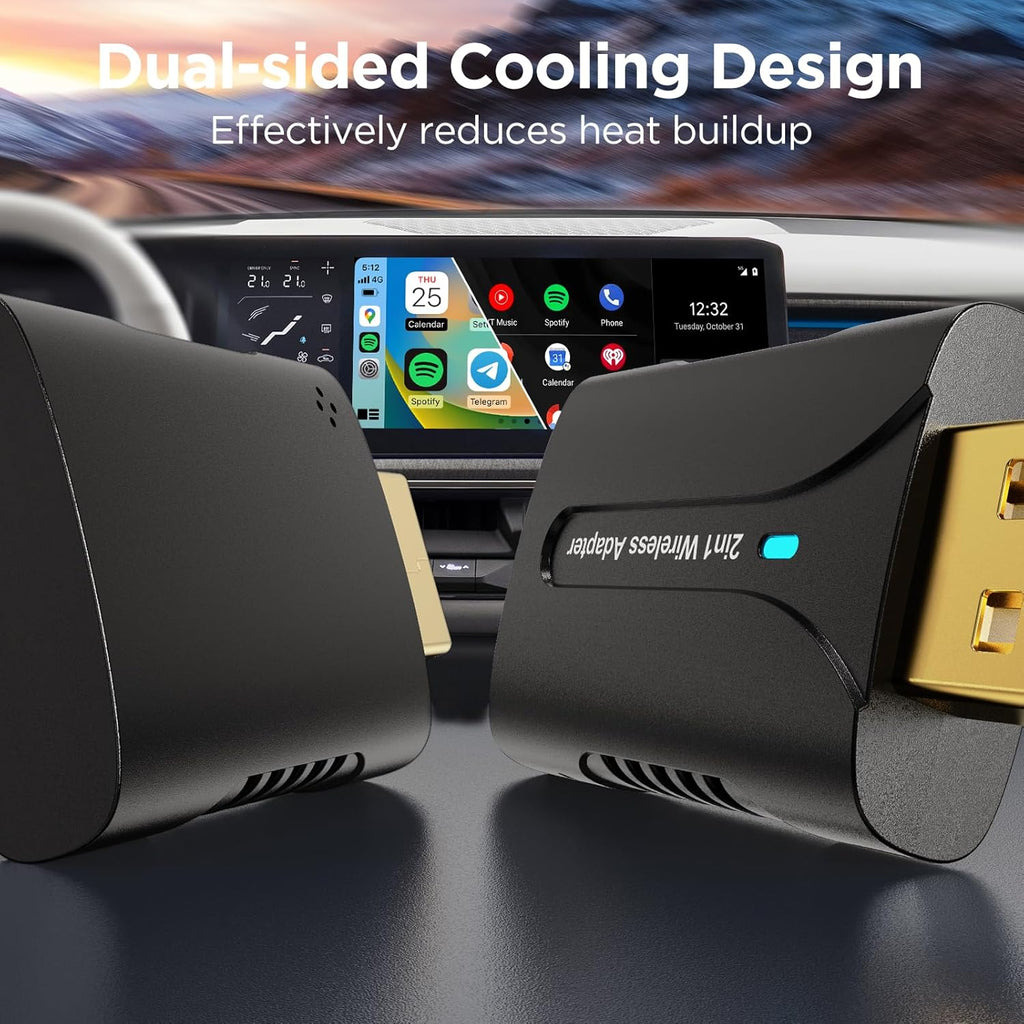 2in1 CarPlay Android Auto Wireless Adapter, Mini Car Play Cars Stick, Fast Auto Connection for OEM Wired Car Play Model 2017 Above, for iPhone iOS 12 /Android 11 Above，Black