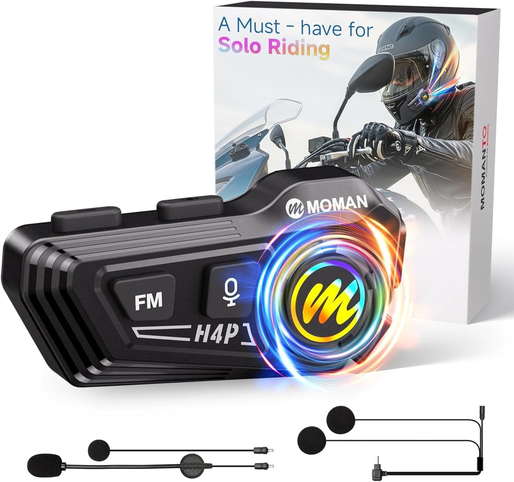 Motorcycle Helmet Headset, Moman RS-H4P Motorbike Headphone with Hi-Fi Speakers Dual Noise Reduction【New Upgrade】in RGB/FM/Glove-Friendly Button/Soft & Hard Mic/AI Voice/IPX6 Earphone for Solo Riding