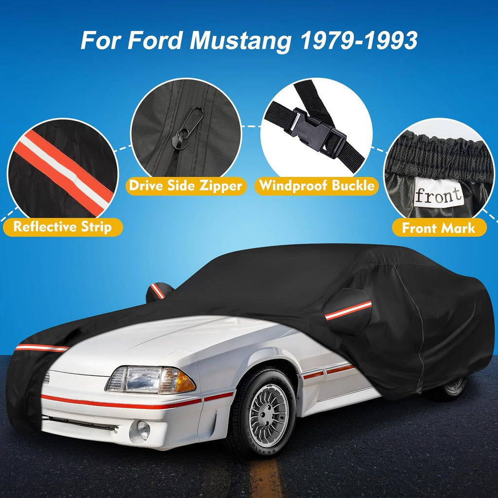 QUNSUNUS Waterproof Car Cover for Ford Mustang 1979-1993, Outdoor Car Covers with Zipper, All Weather Full Exterior Cover with Straps and Elastic Edges for Wind, Sun, UV and Dust Protection