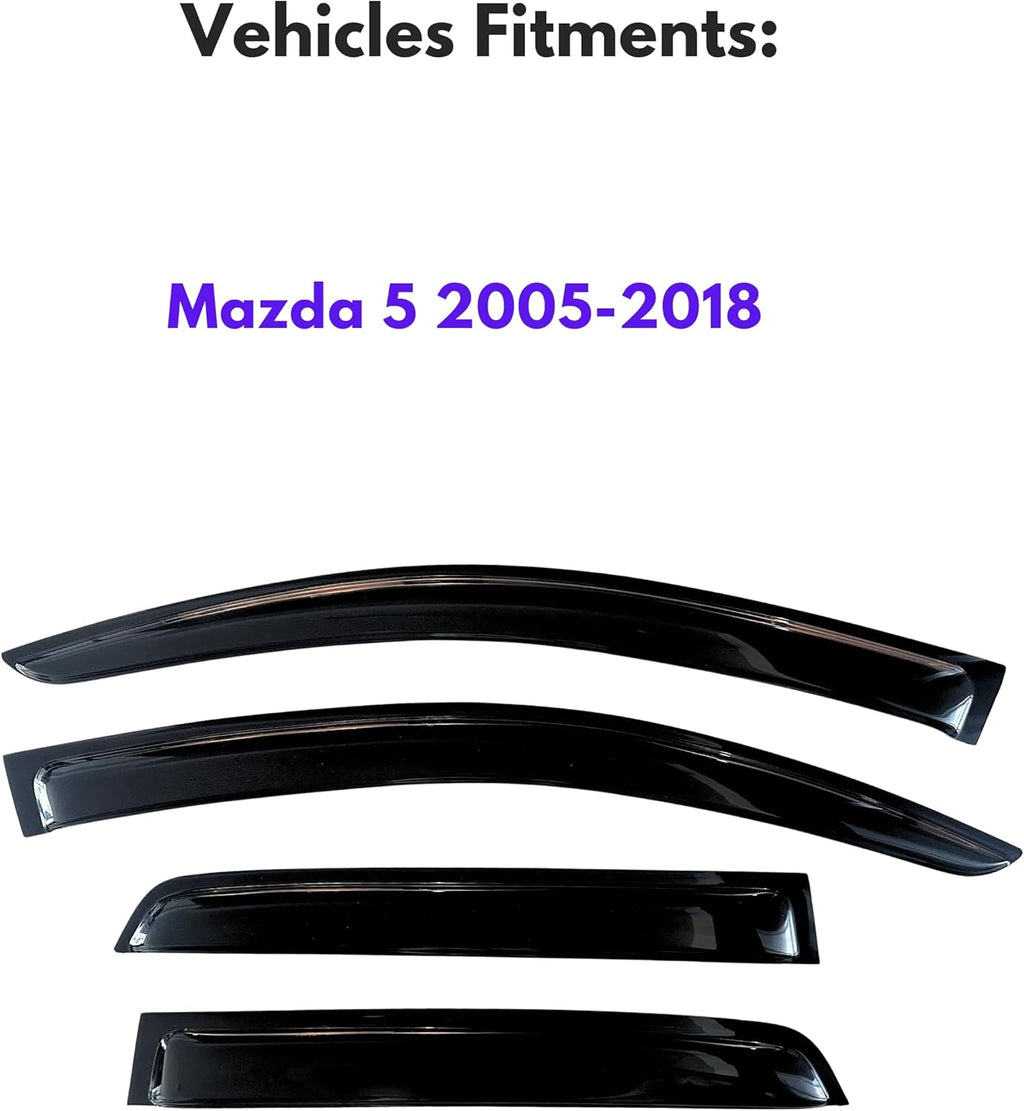 KPY Window Visor Compatible with Mazda 5 2005-2018, 4PC Rain Guard Side Window Vent Deflectors Tape-On Style, 2005 2006 2007 2008 2009 2010 2011 2012 2013 2014 2015 2016 2017 2018
