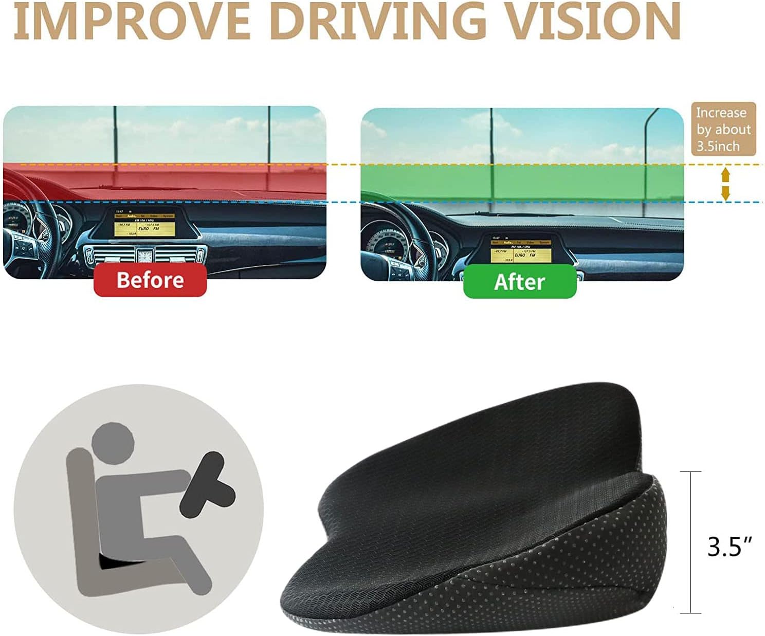 Car Seat Cushion - Memory Foam Car Seat Pad - Sciatica & Lower Back Pain Relief - Car Seat Cushions for Driving - Road Trip Essentials for Drivers(Black)