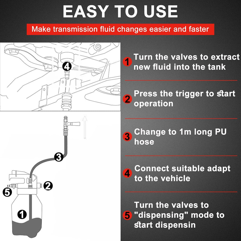 Transmission Fluid Pump Pneumatic Extractor and Dispenser Tool Kit, 8L ATF Fill and Evacuator Oil Can Set with 15PCS ATF Adapters 3PCS 1M Transmission Oil Hose for Garage and Shop Fluid Transfer