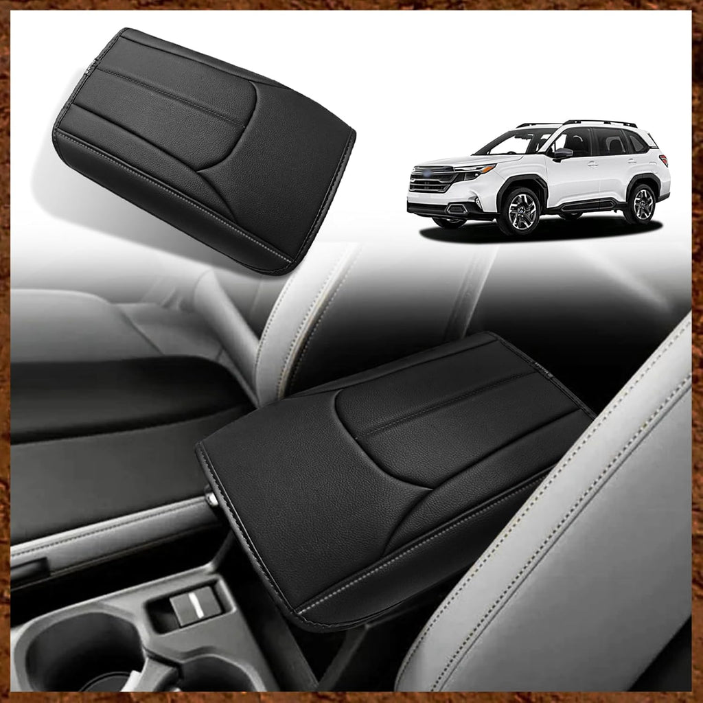 Muslogy Center Console Cover Compatible with Subaru Forester 2025 Accessories Armrest Cover Lid Cushion Protector Anti-Scratch Vegan Leather Extra Soft (Black/Gray Stitching)