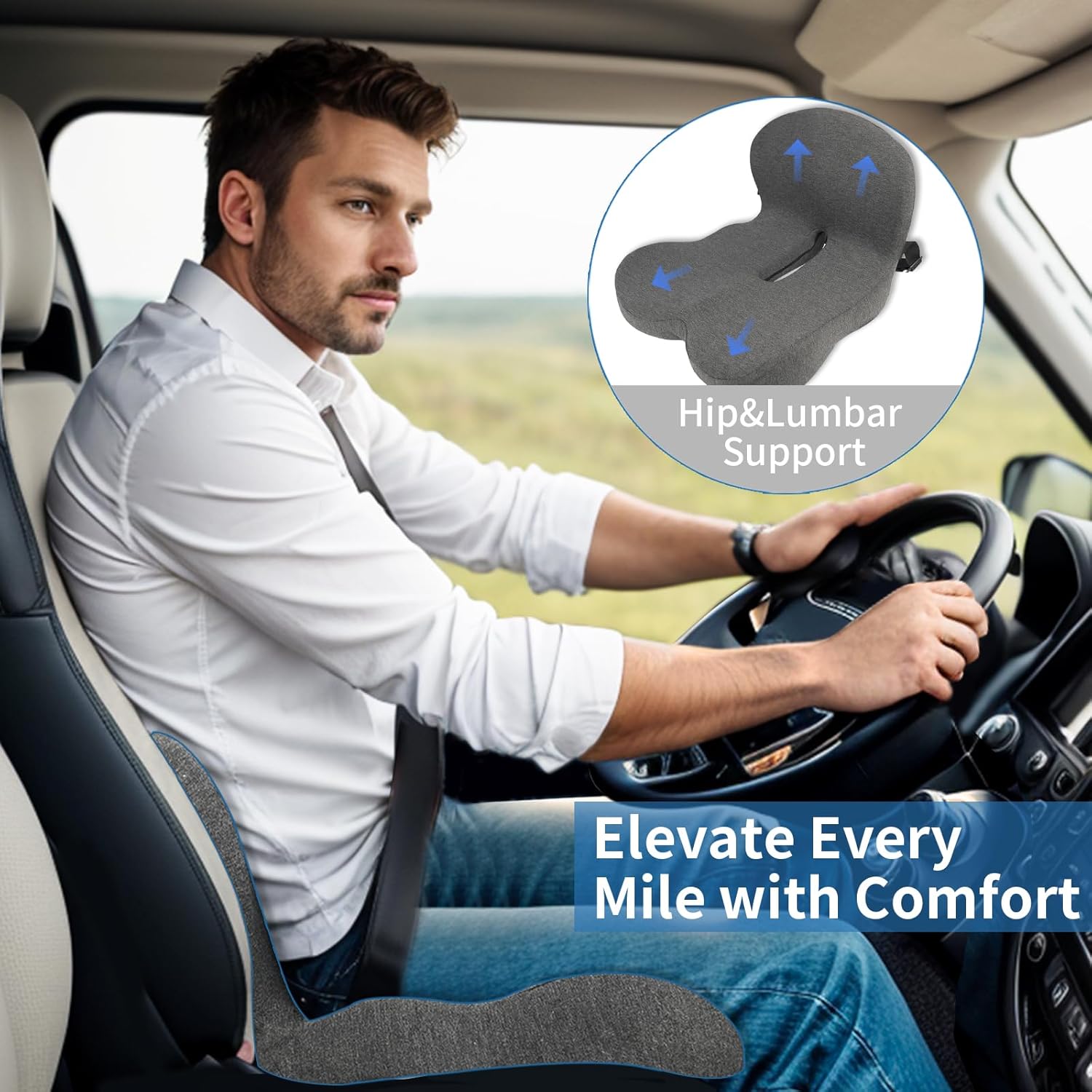 Memory Foam Seat Cushion,Office Chair Cushion with Lumbar Support for Back Pressure Relief, Car Seat Cushion with Adjustable Strap,Sciatica Pad Cushions for Car,Truck, Desk,Gaming Chair