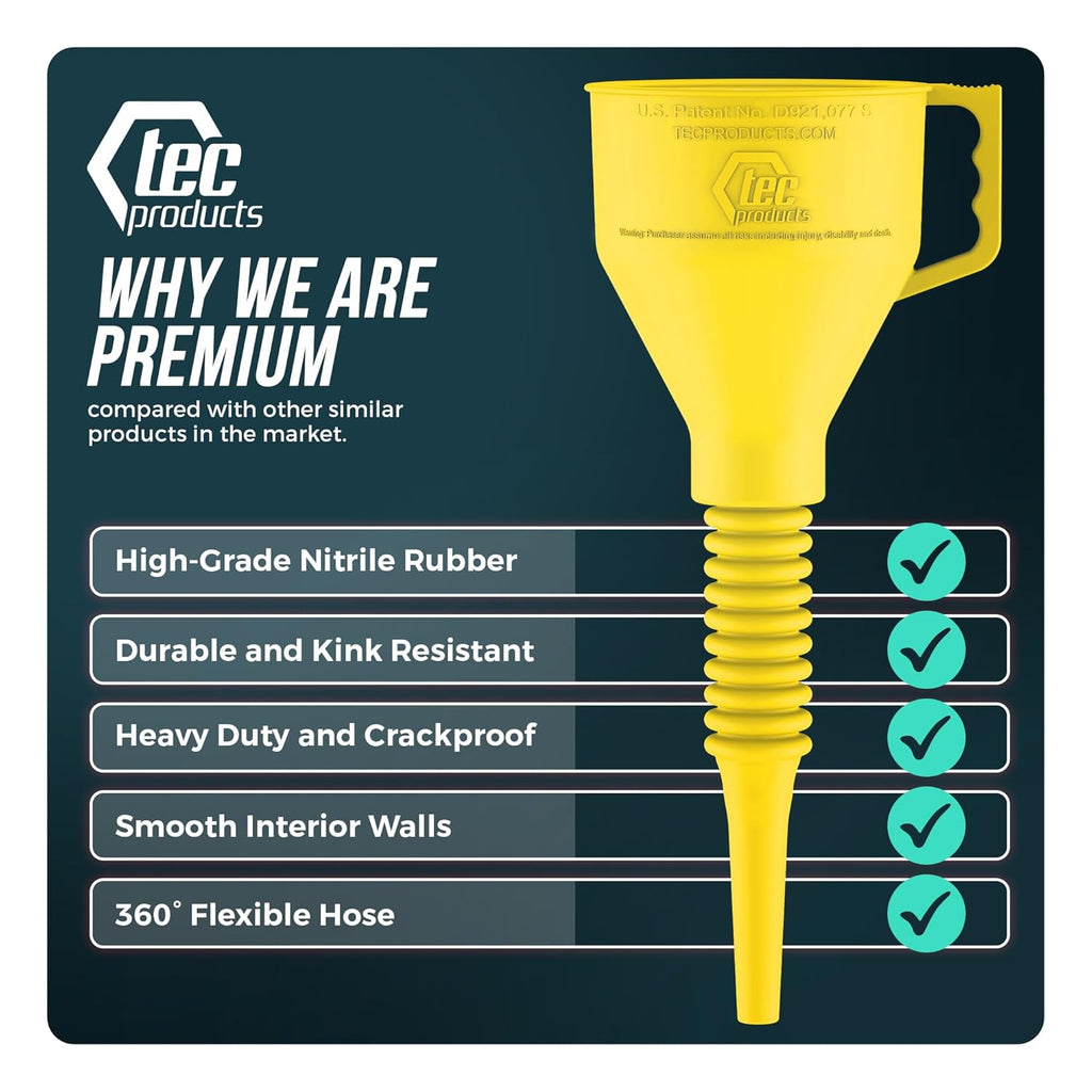 FlexAll Long Flexible Funnel for Automotive Use - Durable Nitrile Rubber - Ideal for Car Oil Change, Transmission Funnel Fluid, Diesel, Fuel, Gas - Made in USA - Yellow (12 x 4 Inches)