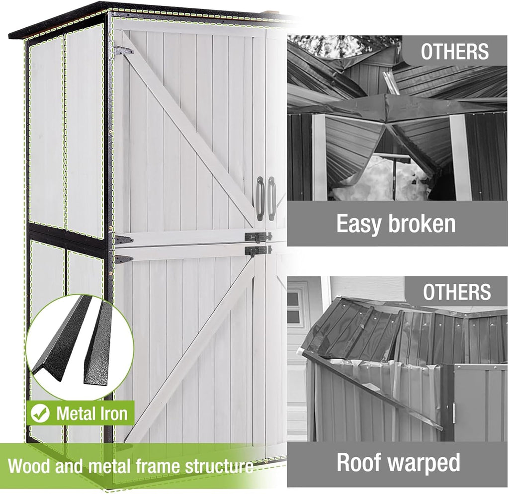 GUTINNEEN Outdoor Storage Shed with Metal Frame,Wooden Tool Cabinet with Adjustable Shelfs, House Garden Shed for Backyard Garden Patio Lawn