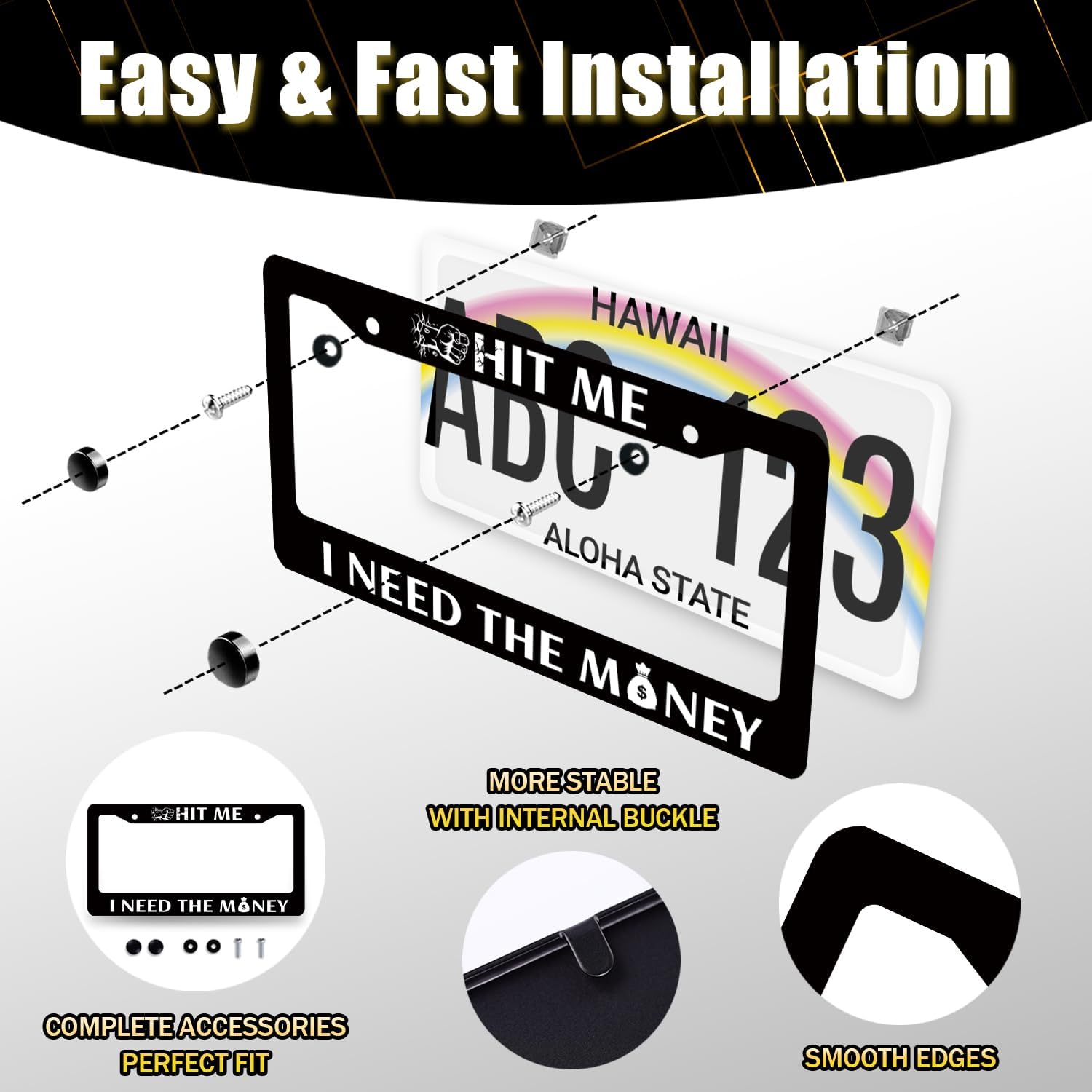 Funny License Plate Frame Hit Me I Need The Money License Plate Holder Stainless Steel License Plate Car Accessory Personalise License Plate Decoration Size 12.2" x 6.2" with Screws