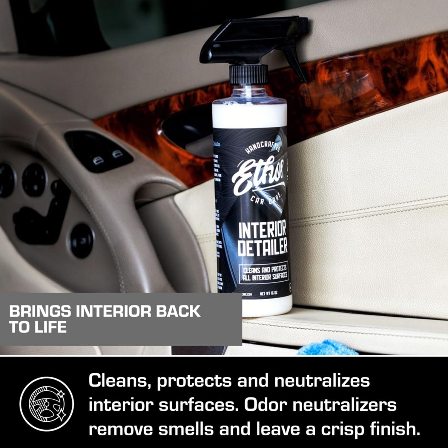 Ethos Interior Detailer Spray - Interior Car Cleaner Easily Cleans & Protects All Interior Surfaces | Non Greasy Satin Finish with UV Protection & Odor Neutralizing Agents | Coconut Scented