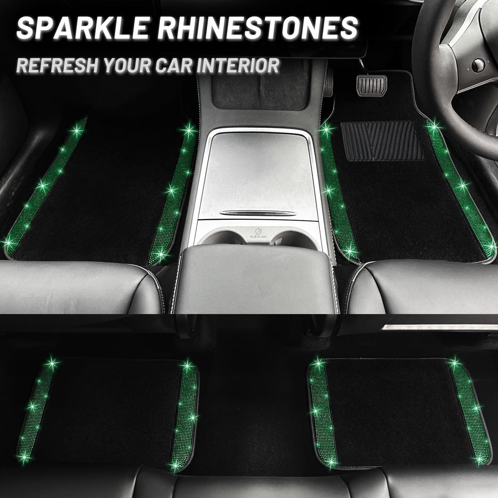 NBTEPEM Bling Car Floor Mats Full Set, Universal Fit Most Cars,SUV, Trucks, 4 pcs Sparkle Glitter Diamond Carpet for Women Girls with Anti-Slip Pad (Green Diamond)