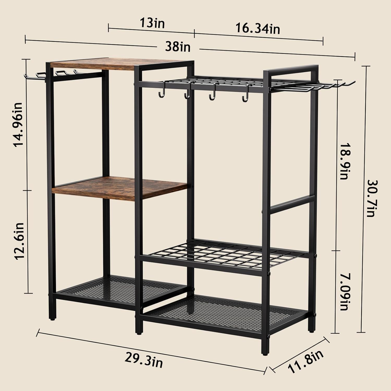 Garden Garage Tool Organizer - with 3-tier Shelves, Yard Tool Organizer for Garage with 4 Hooks, Heavy duty Steel Garden Tool Rack Holds up to 48 Long Handled Yard tools for Storage