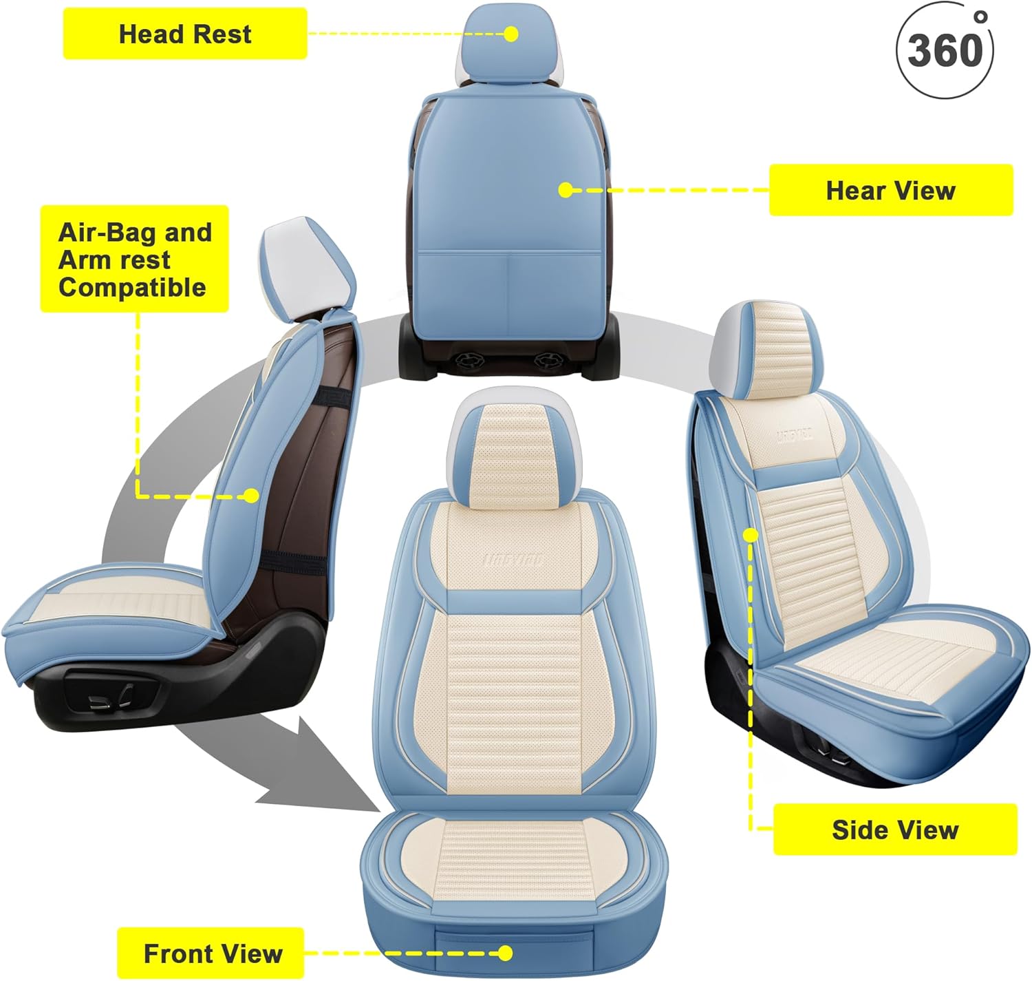 LINGVIDO Car Seat Covers, Breathable and Waterproof Faux Leather Automotive Seat Covers for Cars SUV Truck Sedan,Universal Anti-Slip Seat Cover with Backrest (Full Set, White & Light Blue)