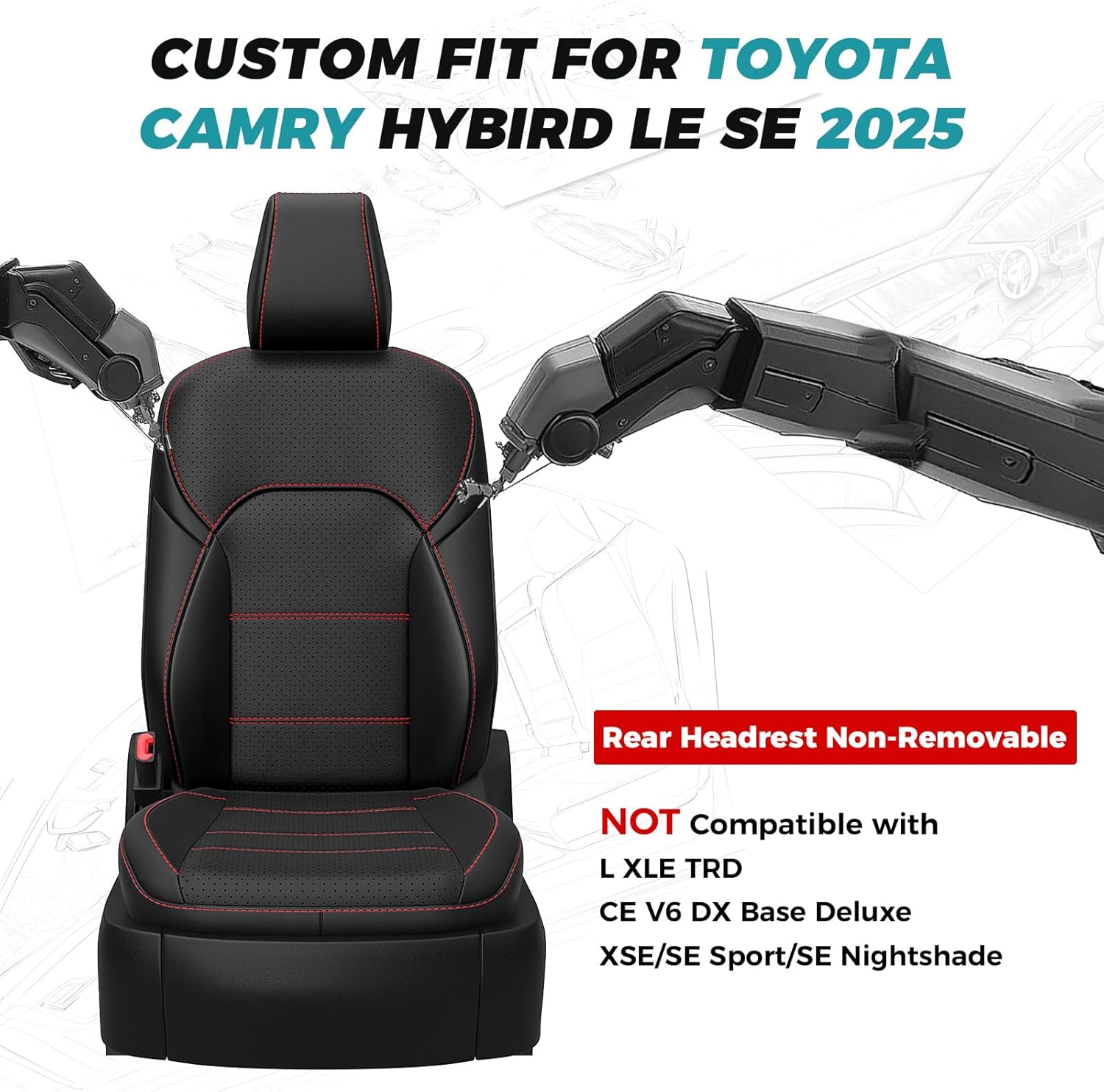 Leather Seat Covers for Toyota Camry 2025 LE SE Hybrid - Custom Fit Car Seat Cover Full Set, Luxury Waterproof Interior Accessories, Breathable Automotive Cushion Protectors, Black Red Trim