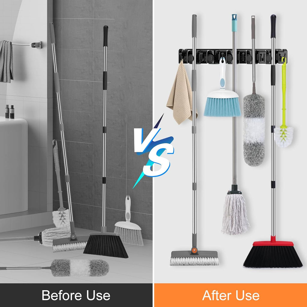 nacena Broom Holder Wall Mount, 2 Packs Black Wall Hanging Garden Tool & Utility Closet Organizer Mop & Broom Hook Wall Mounted Heavy Duty Broom and Mop Organizer Wall Hanging for Bathroom, garage