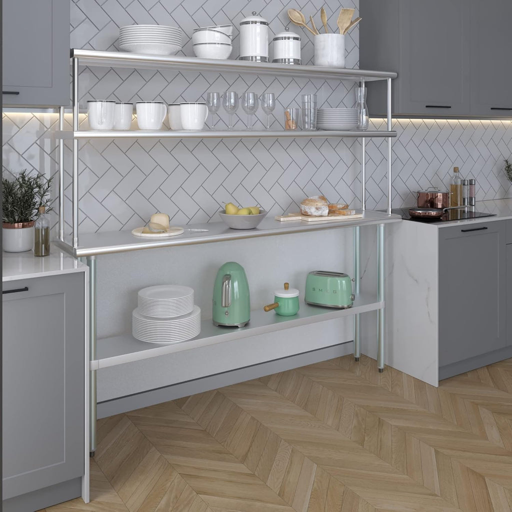 Amgood Stainless Steel Work Table Double Tier Overshelf | NSF (14" x 72" Work Table + 12" Overshelf)