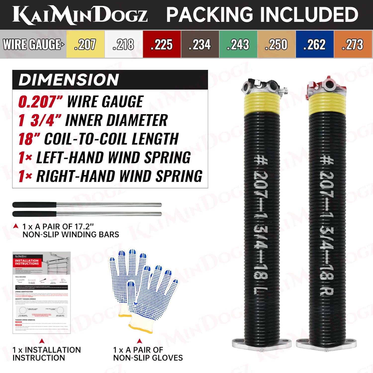 Pair of 1.75" Garage Door Torsion Springs Set with Non-Slip Winding Bars&Gloves, High Precision Electrophoresis Oil-Free Black Coated for Replacement, MIN 16,000 Cycles (0.207 x 1.75"x 18")