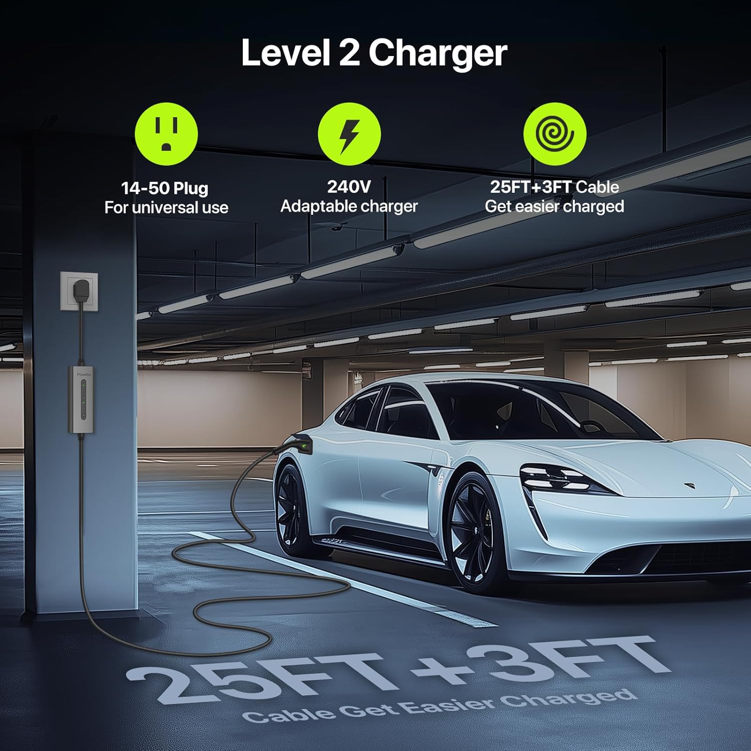 Level 2 EV Charger 40A J1772 Connector 9.6KW Electric Car Charger 240V with 14-50 Plug 25 FT Cable 15-40 Amps Adjustable Current Mobile Vehicle Charging Station for All EVs