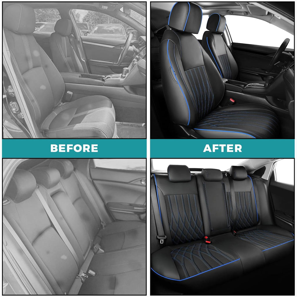Seat Covers for Honda Civic Sedan EX-L, EX-T, EX, Touring, LX-P, Sport 2016 2017 2018 2019 2020 2021, Faux Leather Car Seats Cover Full Set(Rear Row 40/60 Split & Folding Backrest)-BlackBlue