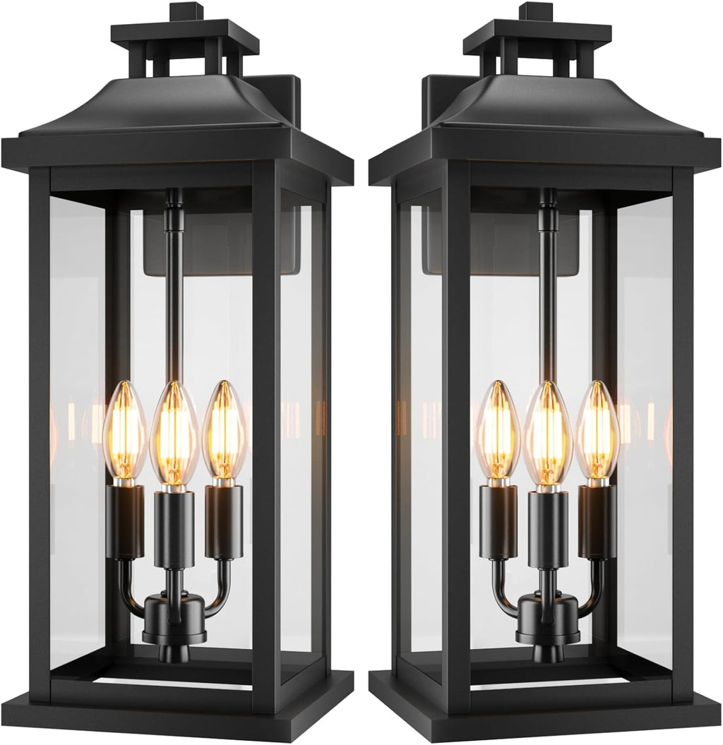 20" Large Outdoor Light Fixtures 3-Light 2 Pack, Black Outside Modern Porch Lights for House, Exterior Wall Sconce Lanterns Wall Mounted Waterproof Outdoor Coach Lamps for Garage E12