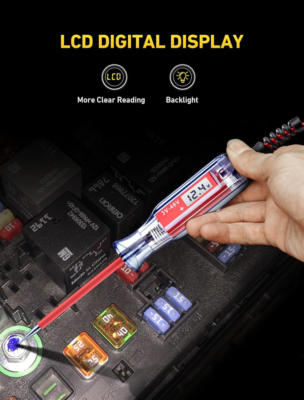 Heavy Duty 3-48V Automotive Circuit Tester with Backlit Digital LCD Voltage Display, DC Test Light with 140 Inch Extended Spring Wire, Car Truck Battery Tester with Stainless Probe