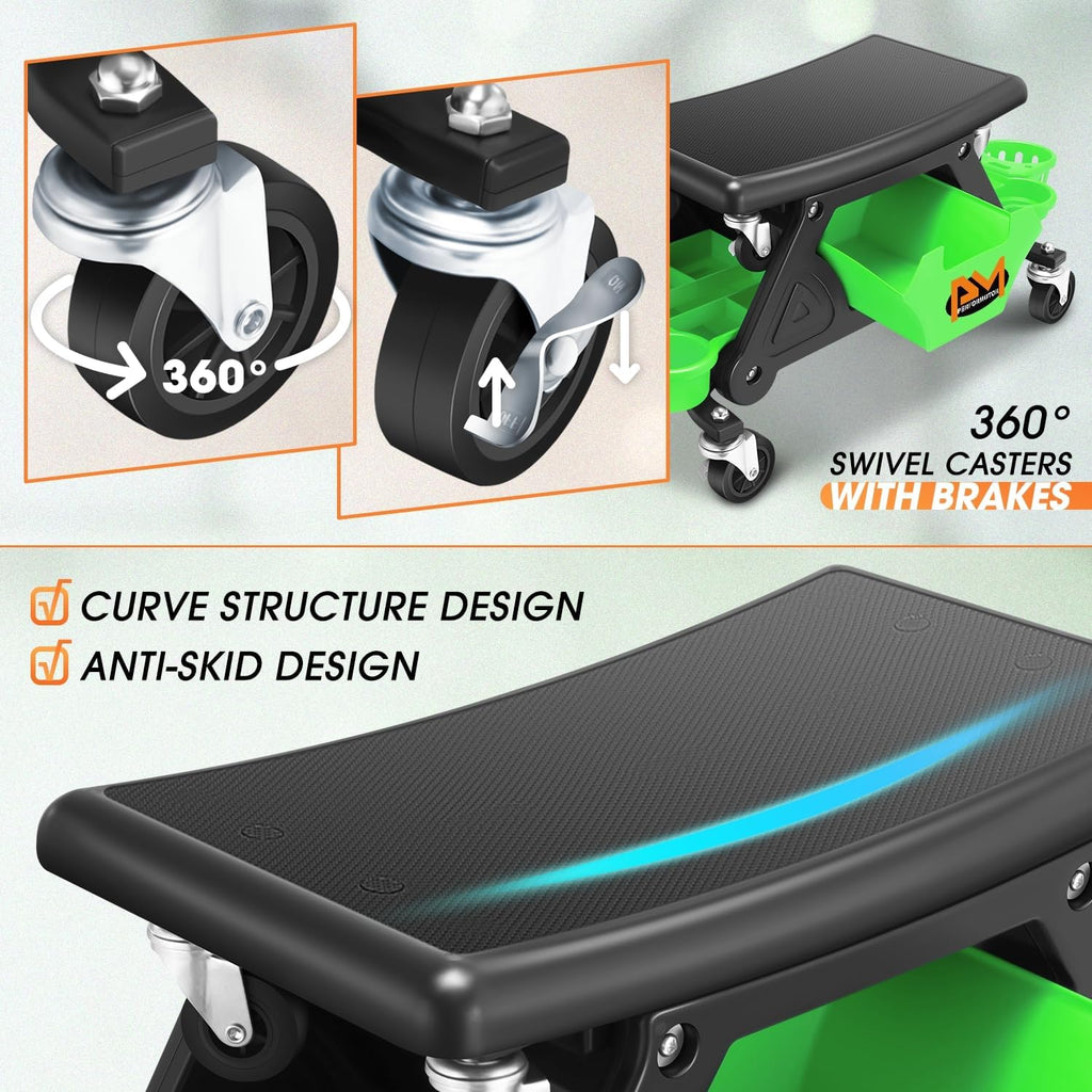 PM PERFORMOTOR Mechanic Stool - 25-1/2" x 13" x 12" (L x H x W), Rolling Work Seat w/Lockable Swivel Wheels and Storage Tool Tray, Green,PM-TOL-CRS-GR